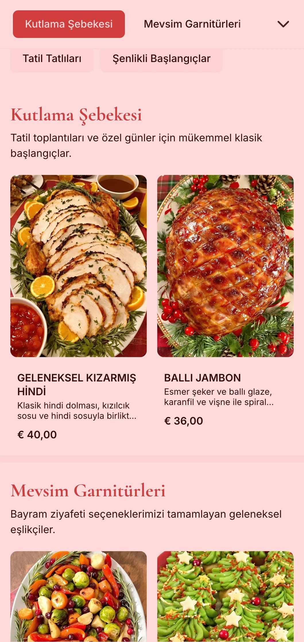 Kış toplantıları ve özel günler için mevsimlik spesiyaliteler, şenlikli sunum ve kutlama unsurları içeren geleneksel tatil temalı catering.