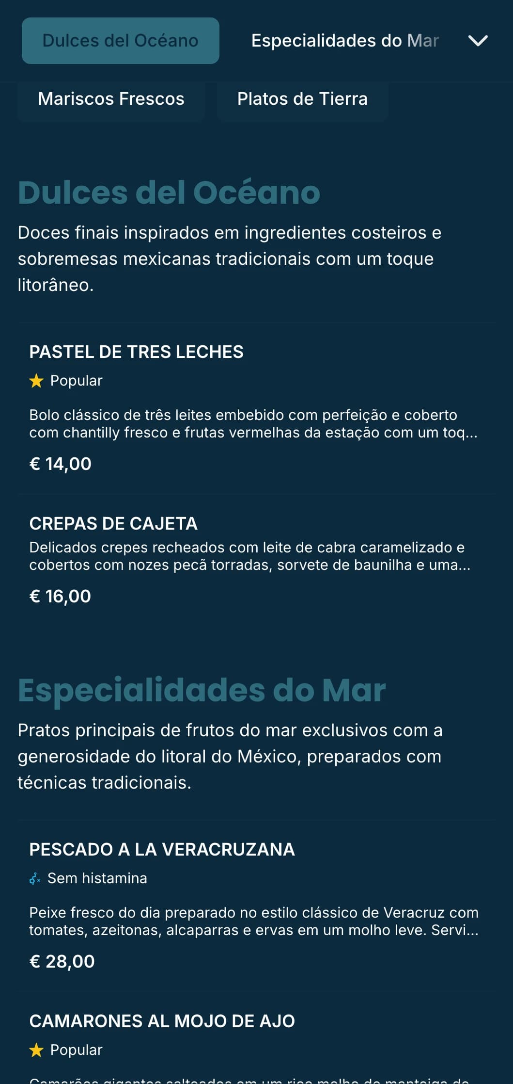 Projeto de cardápio mexicano costeiro, fresco e arejado, com especialidades de frutos do mar com detalhes em azul-celeste, padrões sutis de ondas e ambiente à beira-mar.