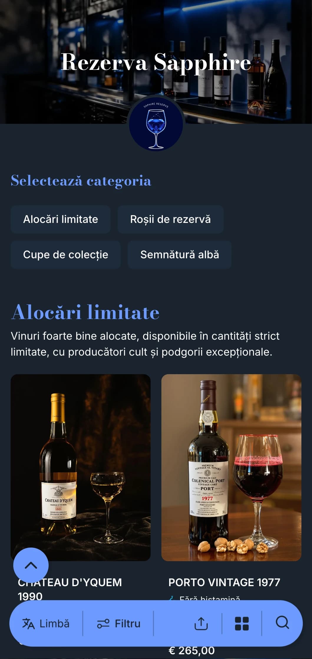 Șablon cu listă de vinuri profund sofisticată, cu accente albastre izbitoare pe fundaluri marine, ideal pentru baruri de vinuri premium și localuri de seară.
