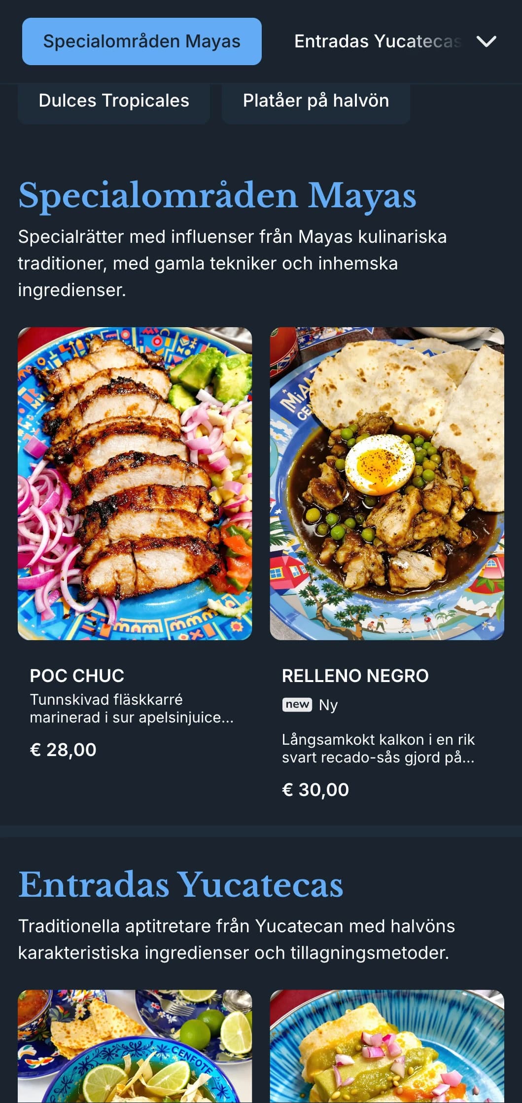Elegant och livfull meny med yucatecanskt kök med ljusblå cenote-accenter, mayainfluenser och tropiska ingredienser.