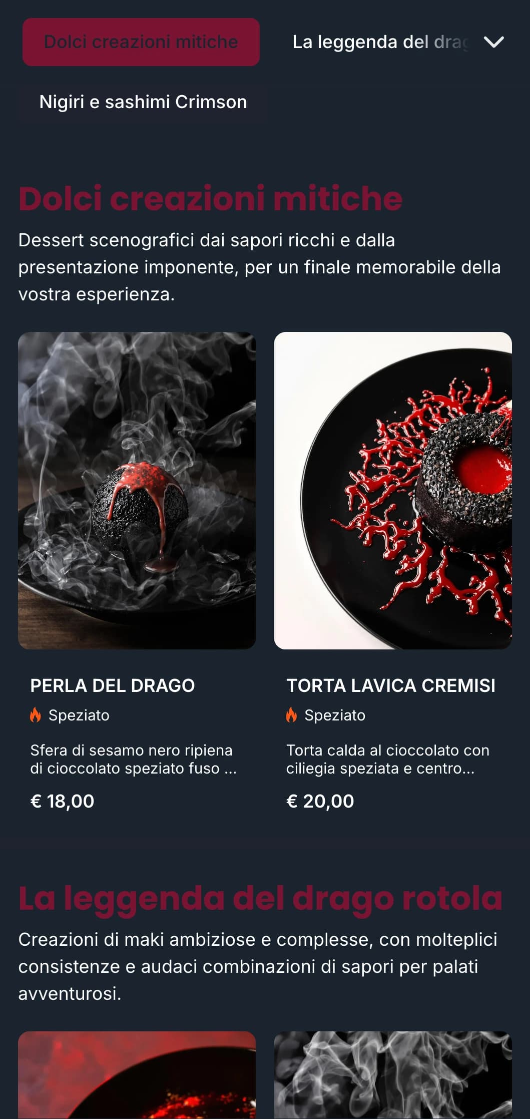 Menu di sushi audace e drammatico con ricche tonalità di rosso ispirate alla mitologia tradizionale giapponese del drago.