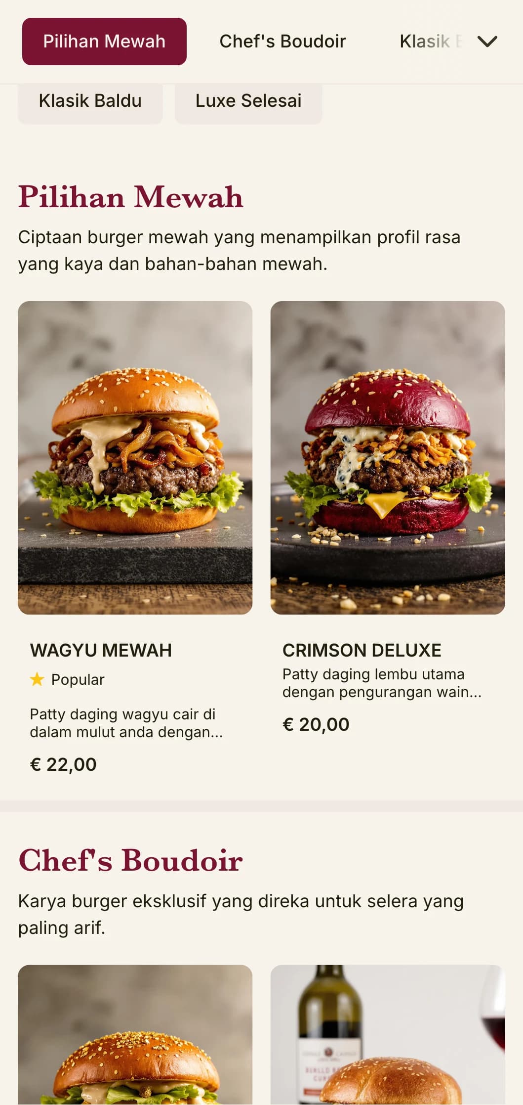 Ruang istirahat burger mewah yang mewah dengan tekstur yang mewah dan persembahan yang mewah.