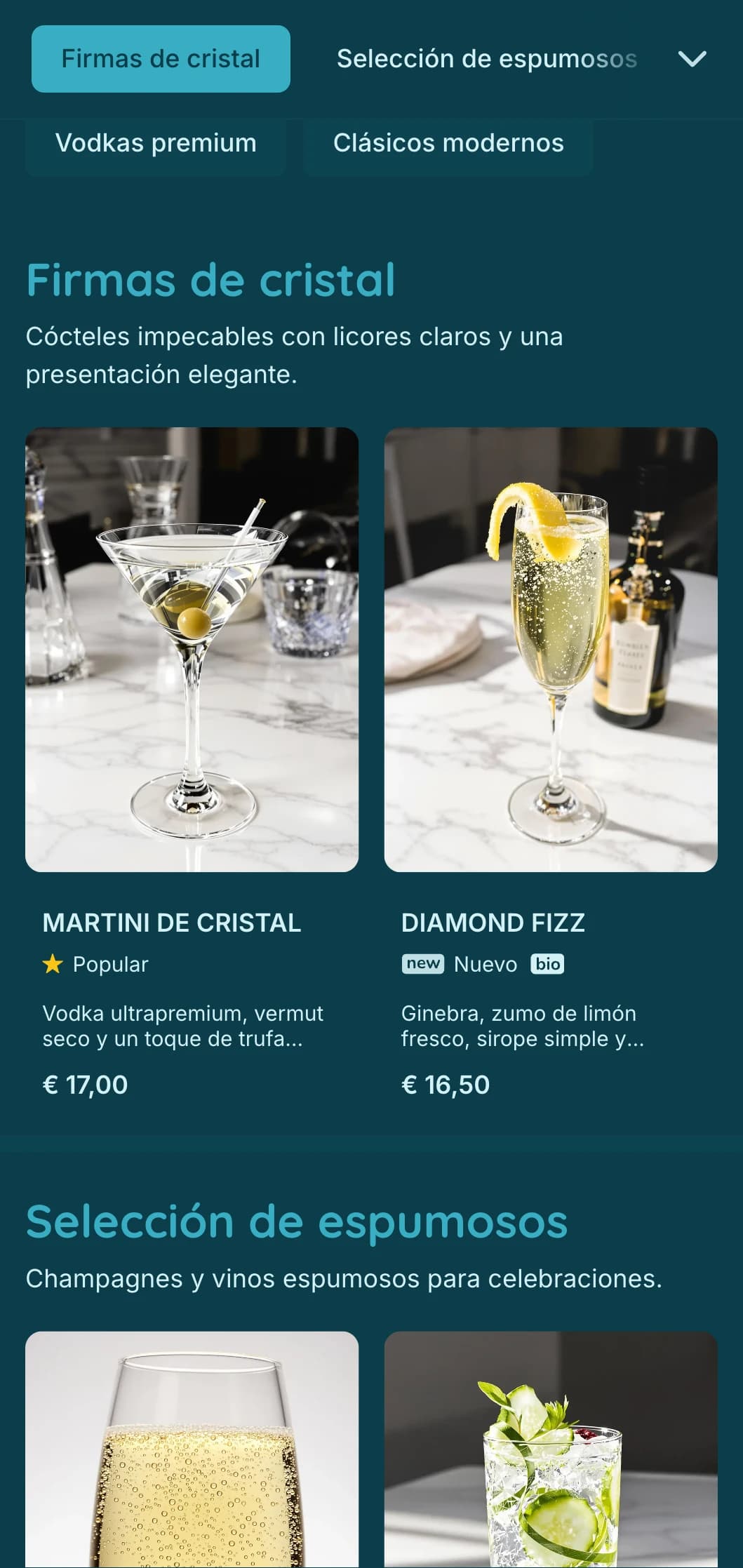 Diseño azul claro con elementos inspirados en gemas para coctelerías contemporáneas.