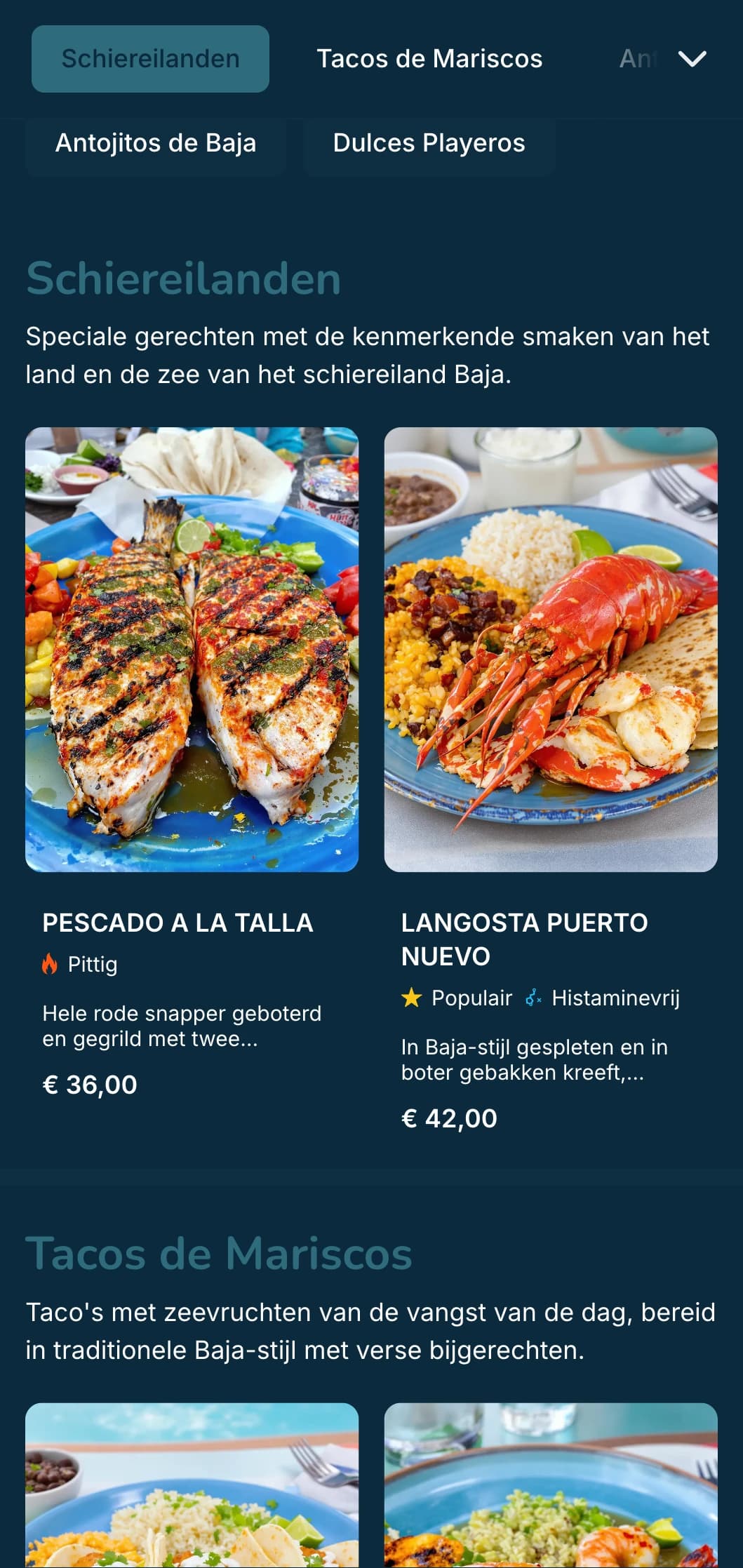 Licht en verfrissend Baja-geïnspireerd menu met taco's met zeevruchten, verse ingrediënten en kustblauwe accenten met een moderne strandvibe.