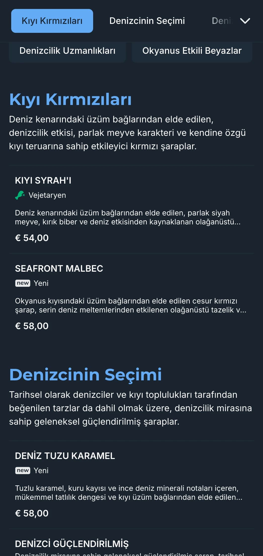 Canlı mavi vurgulara sahip Akdeniz esintili koyu renkli şarap listesi şablonu, akşam sahil restoranları ve deniz kenarı şarap deneyimleri için mükemmeldir.