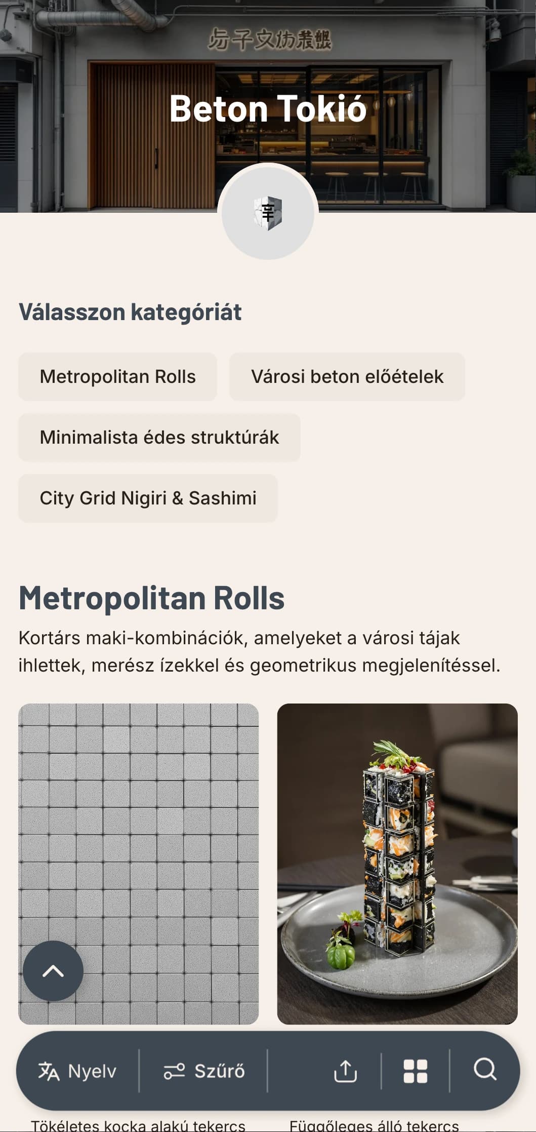 Ipari, városi sushi menü betonszürke tónusokkal és minimalista dizájnnal kortárs városi helyszínekre.