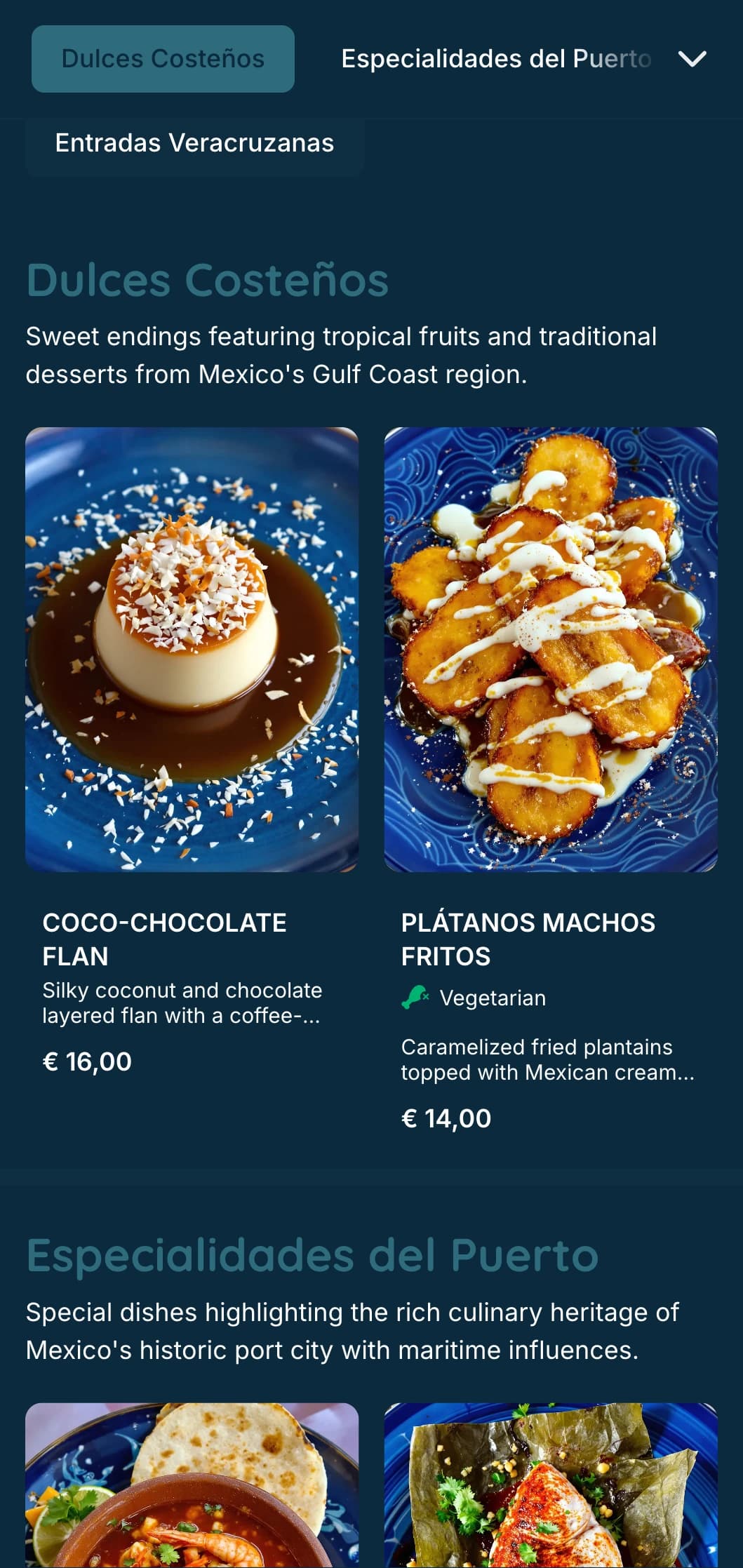 Fresh and flavorful coastal menu showcasing Veracruz seafood specialties with turquoise accents, coastal imagery, and signature fish preparations.