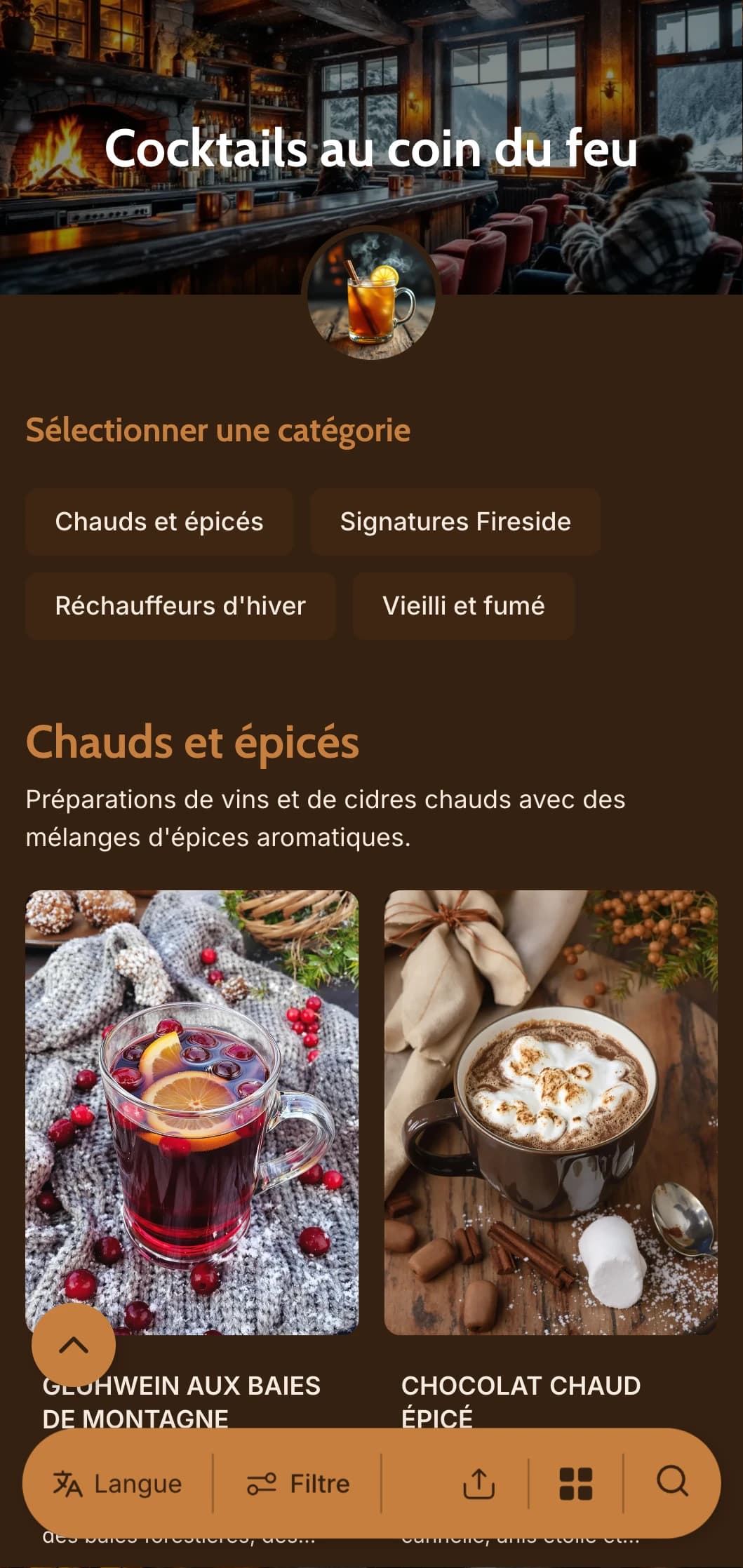 Des tons chauds, ambrés et cuivrés, inspirés de la lumière du feu, pour des bars d'hiver accueillants.