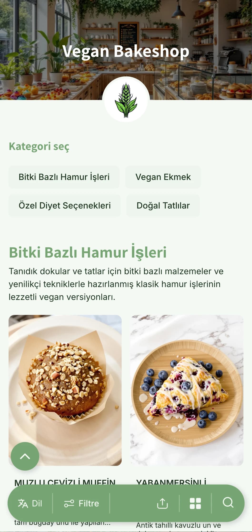 Canlı yeşil tonları ve temiz tipografisiyle vegan fırınlar ve çevreye duyarlı dükkanlar için mükemmel, taze, bitki bazlı bir fırın menüsü tasarımı.