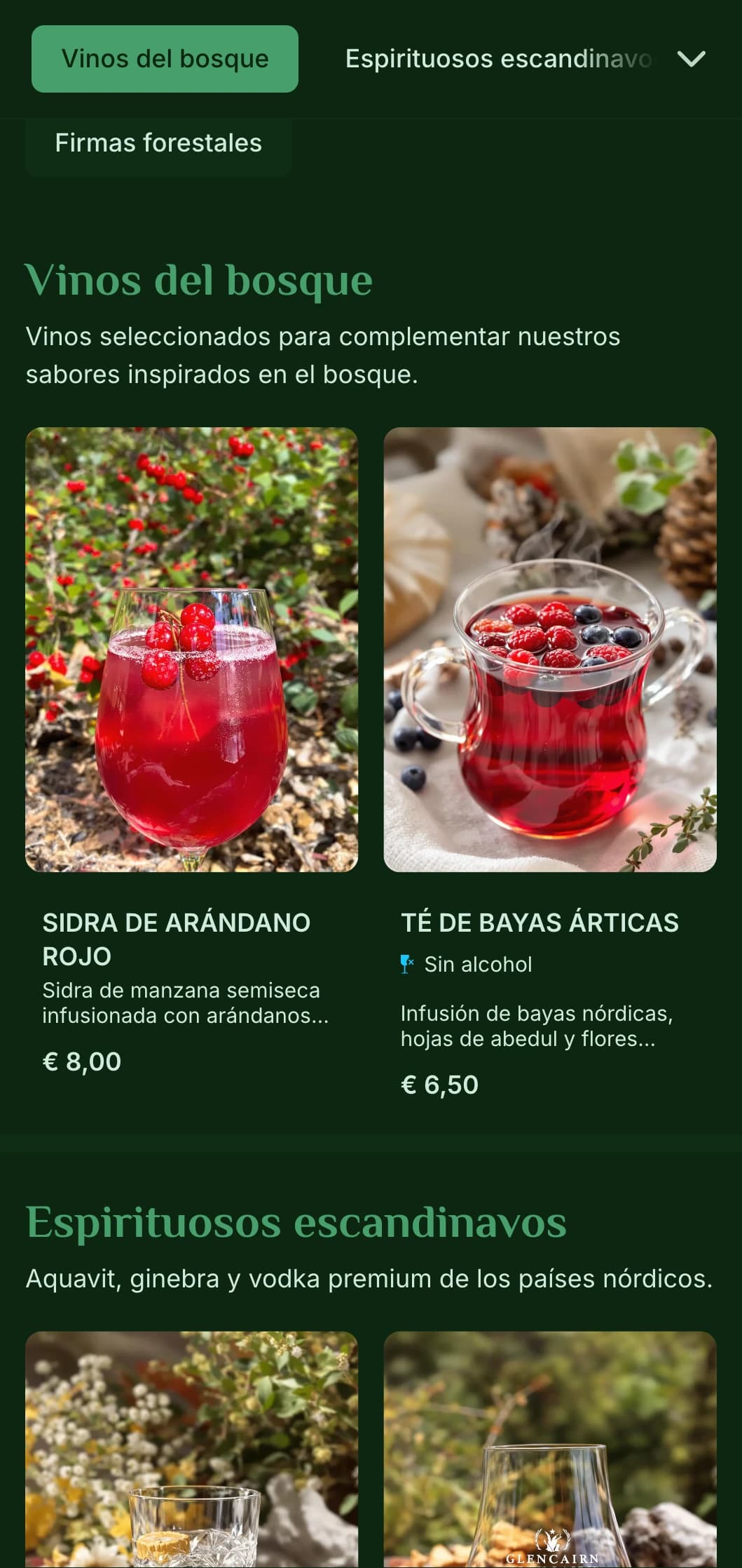 Diseño verde intenso inspirado en los bosques escandinavos para bares con temática de naturaleza.