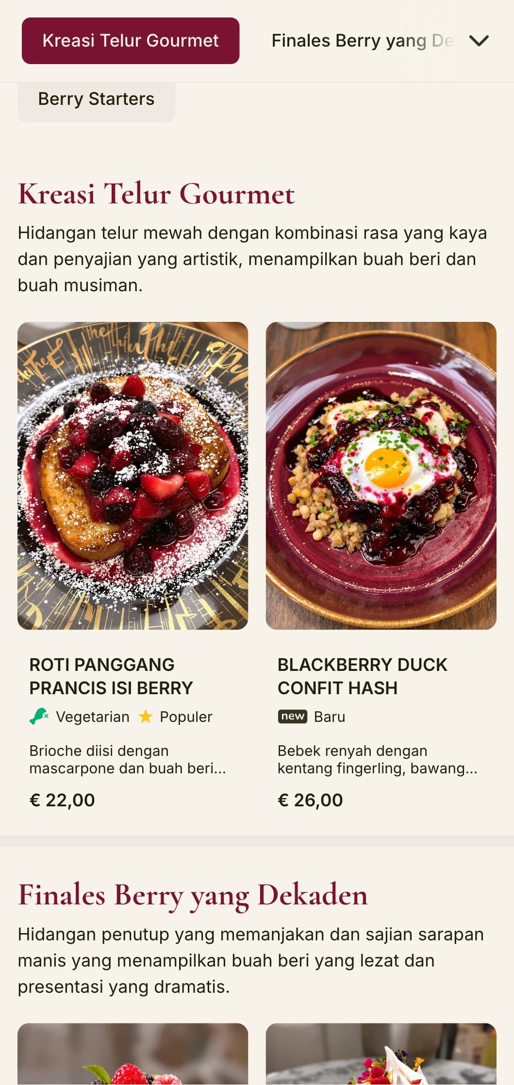 Templat brunch yang semarak dengan warna berry yang kaya dan tipografi yang elegan, dirancang untuk kafe dengan hidangan khas buah.