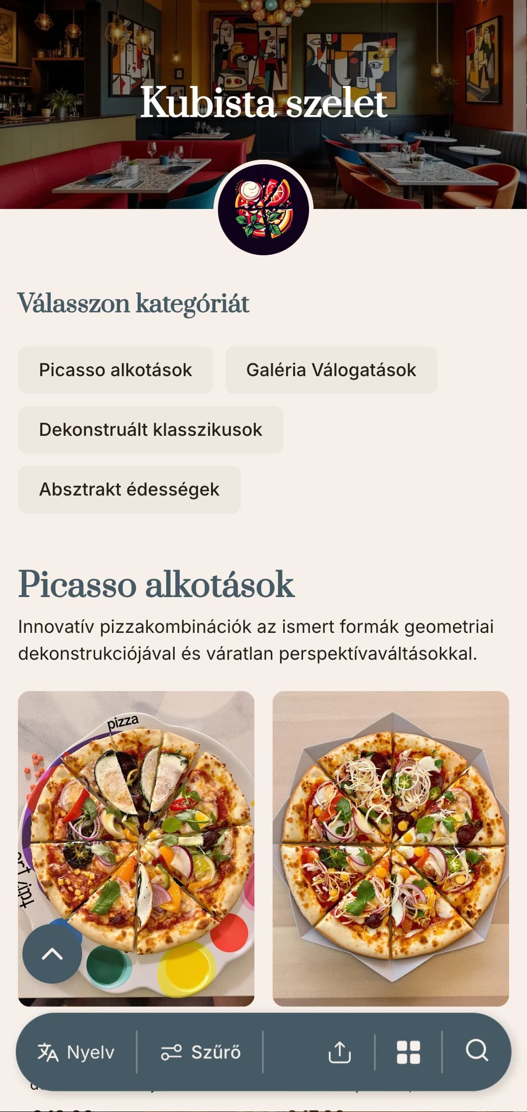 Picasso ihlette pizzamenü absztrakt geometriai elemekkel és művészi elrendezéssel.
