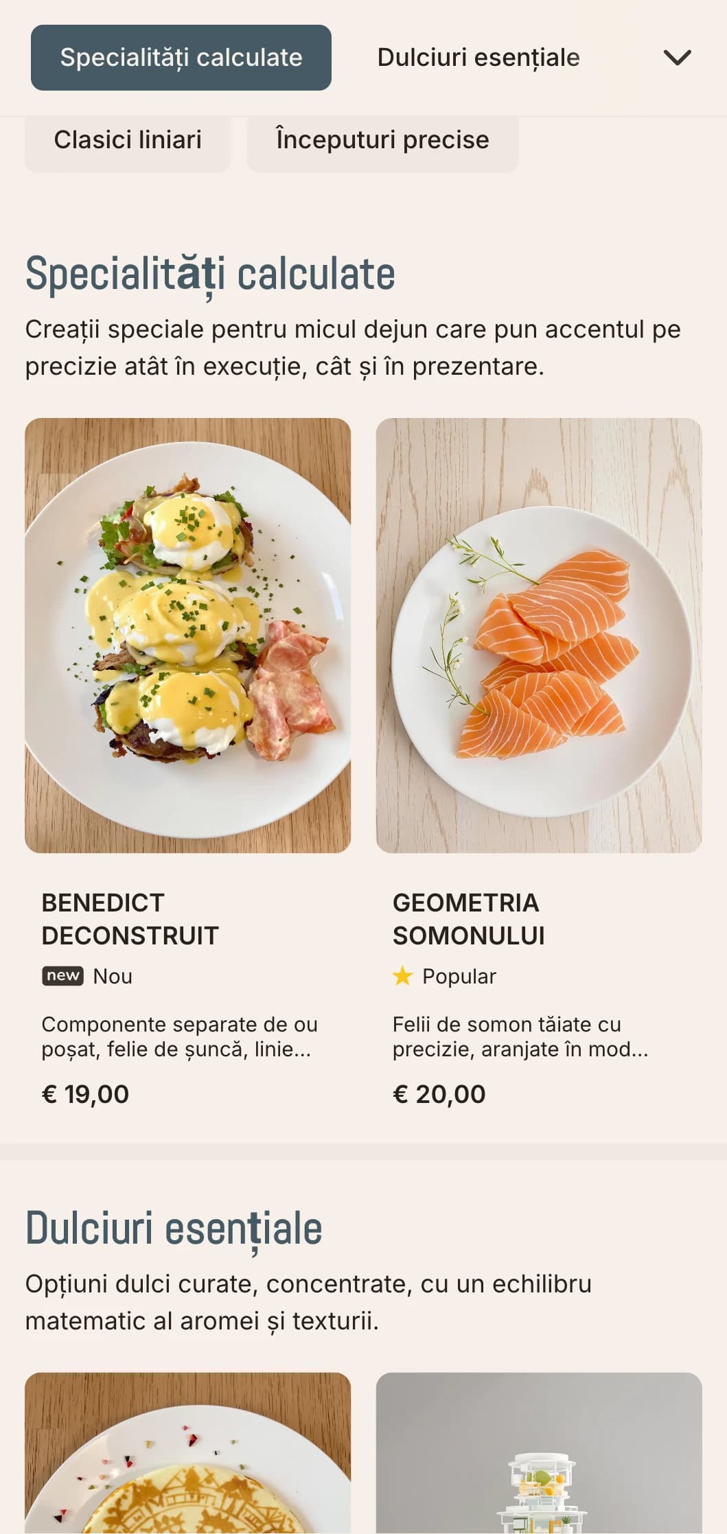 Opțiuni de mic dejun curate, aranjate cu precizie, cu prezentare minimalistă și arome atent echilibrate.
