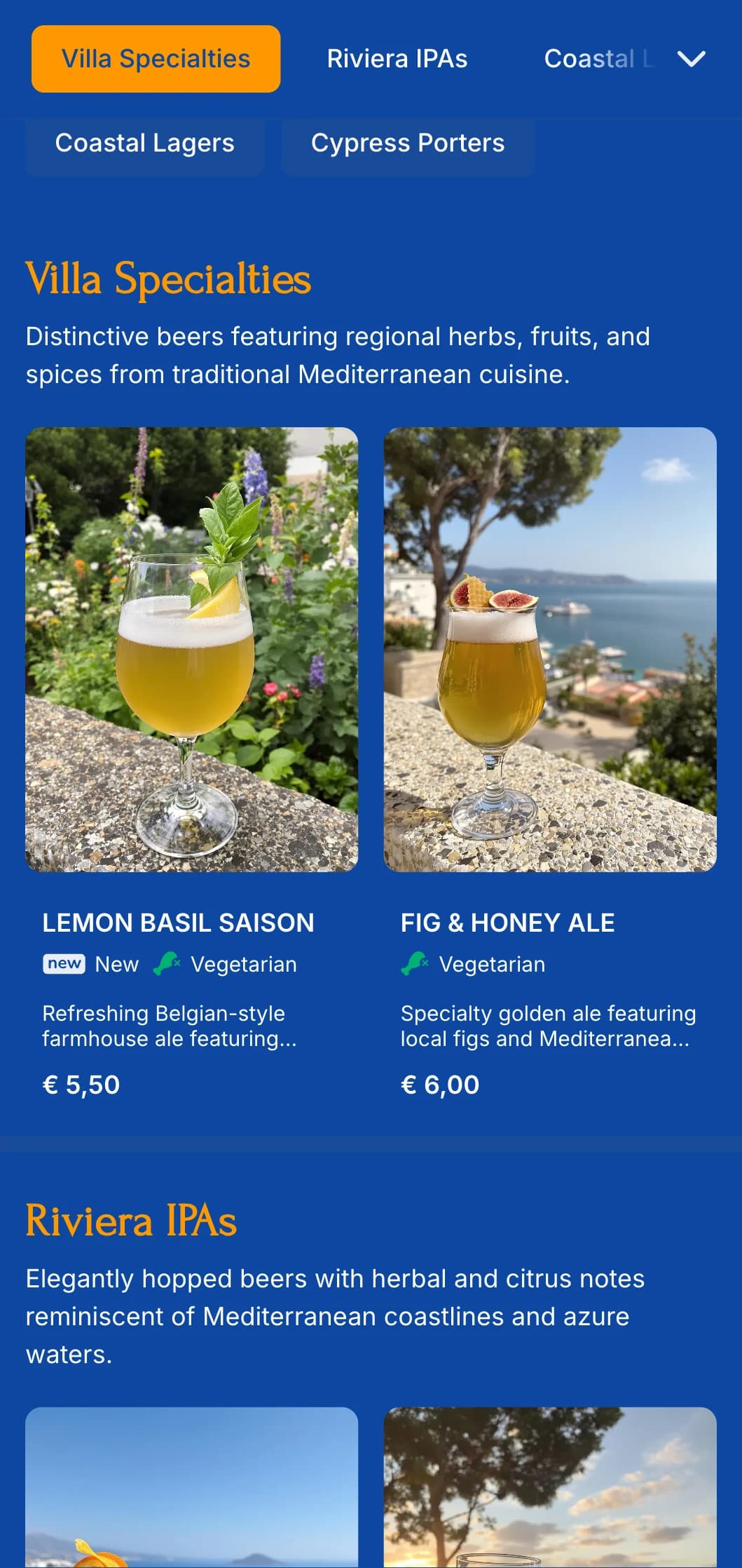 Bright and airy design inspired by Mediterranean coastal aesthetics, perfect for seaside breweries and vacation destinations.