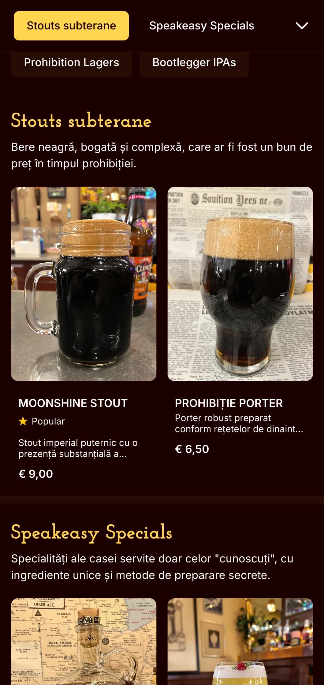 Design clandestin și vintage din epoca prohibiției, cu tonuri întunecate și estetică secretă, ideal pentru barurile de bere cu tematică speakeasy.