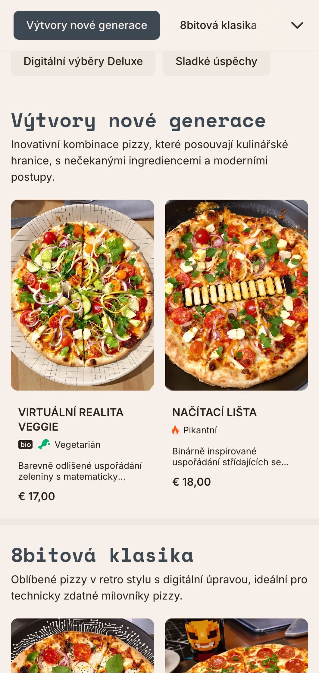Moderní menu pizzy inspirované technologiemi s digitální estetikou pro inovativní koncepty pizzy.