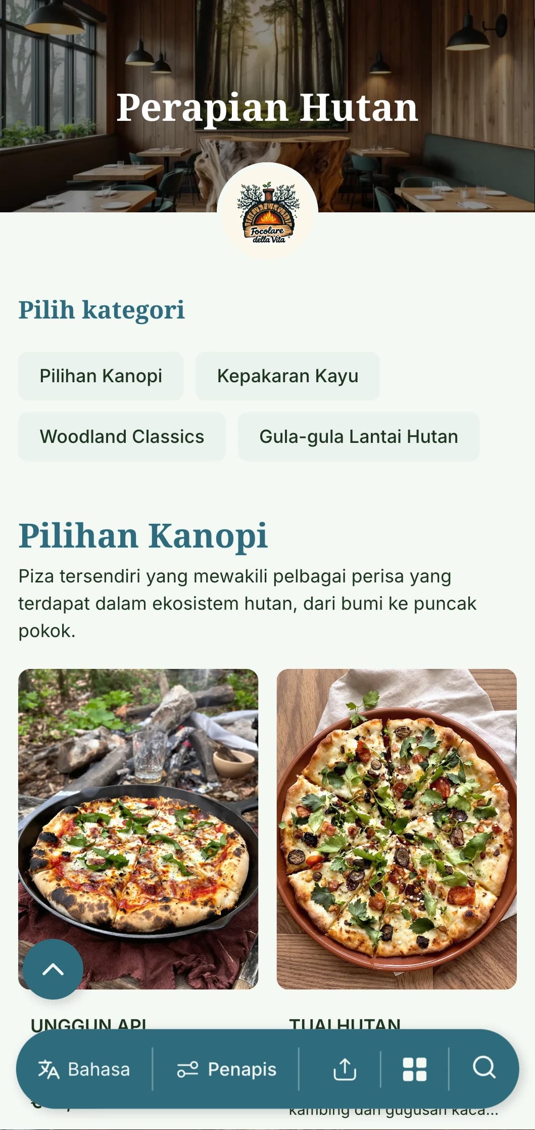 Menu piza berinspirasikan hutan dengan unsur hutan dan palet warna tanah.
