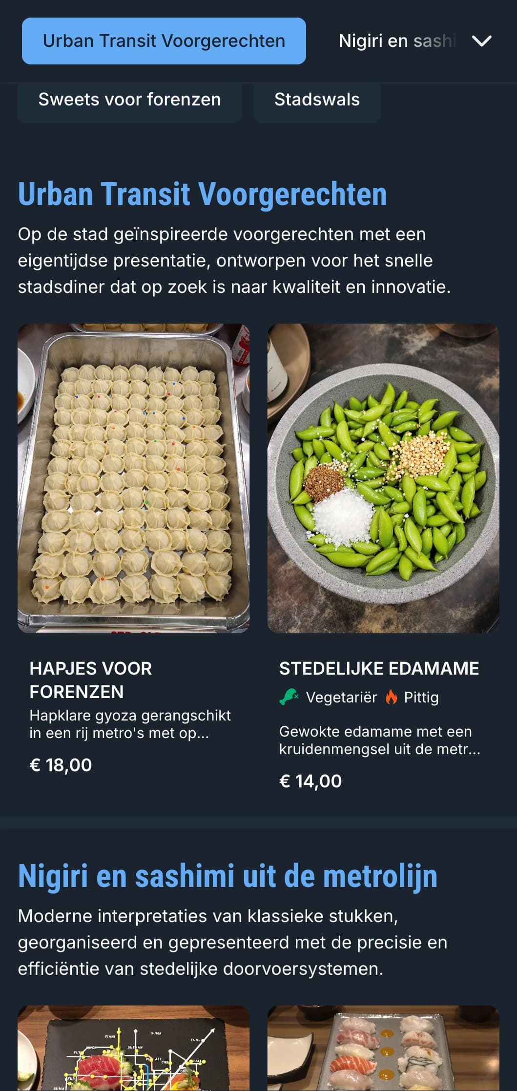 Stedelijk, op de metro geïnspireerd sushikaart met koele blauwe accenten en eigentijdse typografie voor locaties in het stadscentrum.
