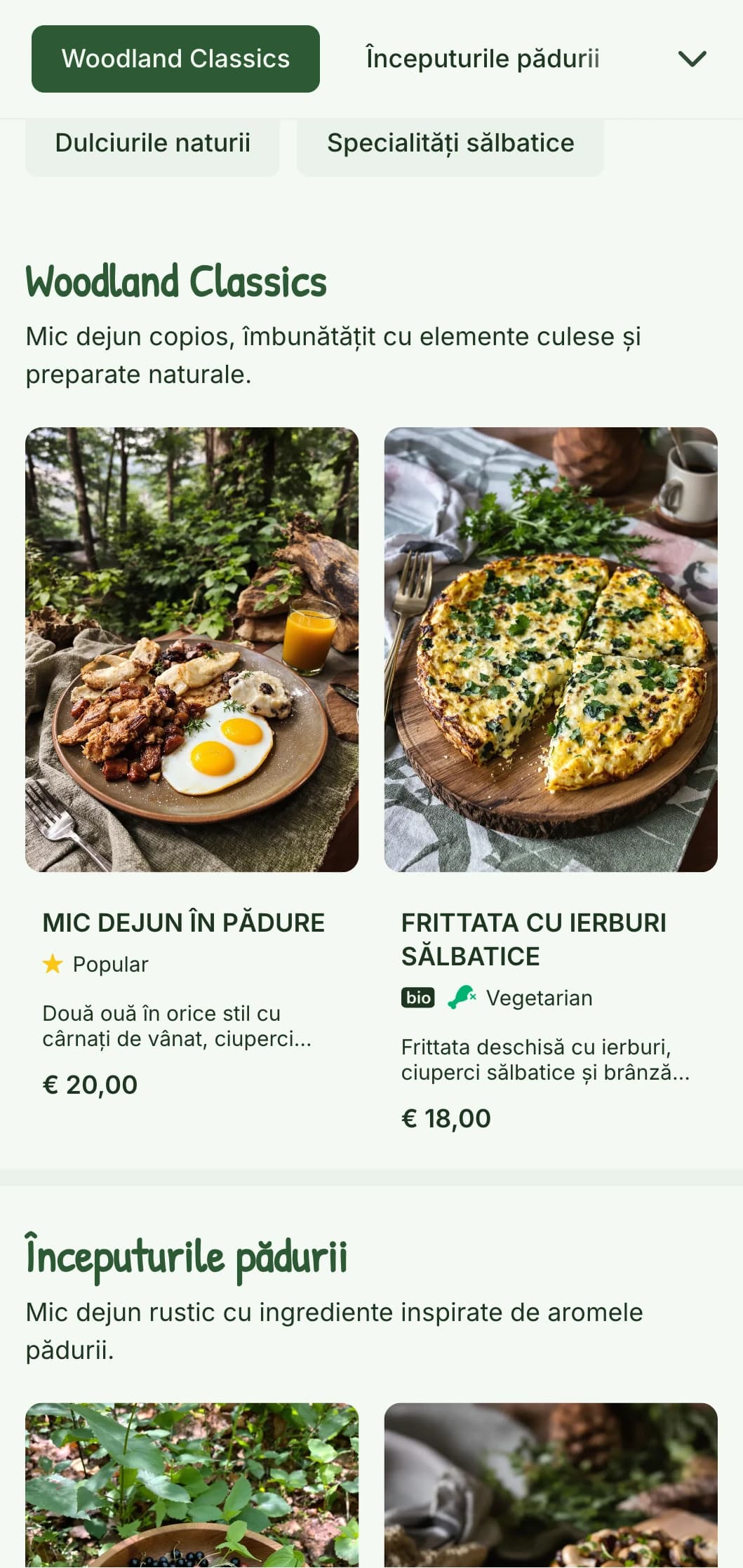 Opțiuni de mic dejun rustic, cu elemente culese și prezentare naturală inspirată de estetica pădurilor.