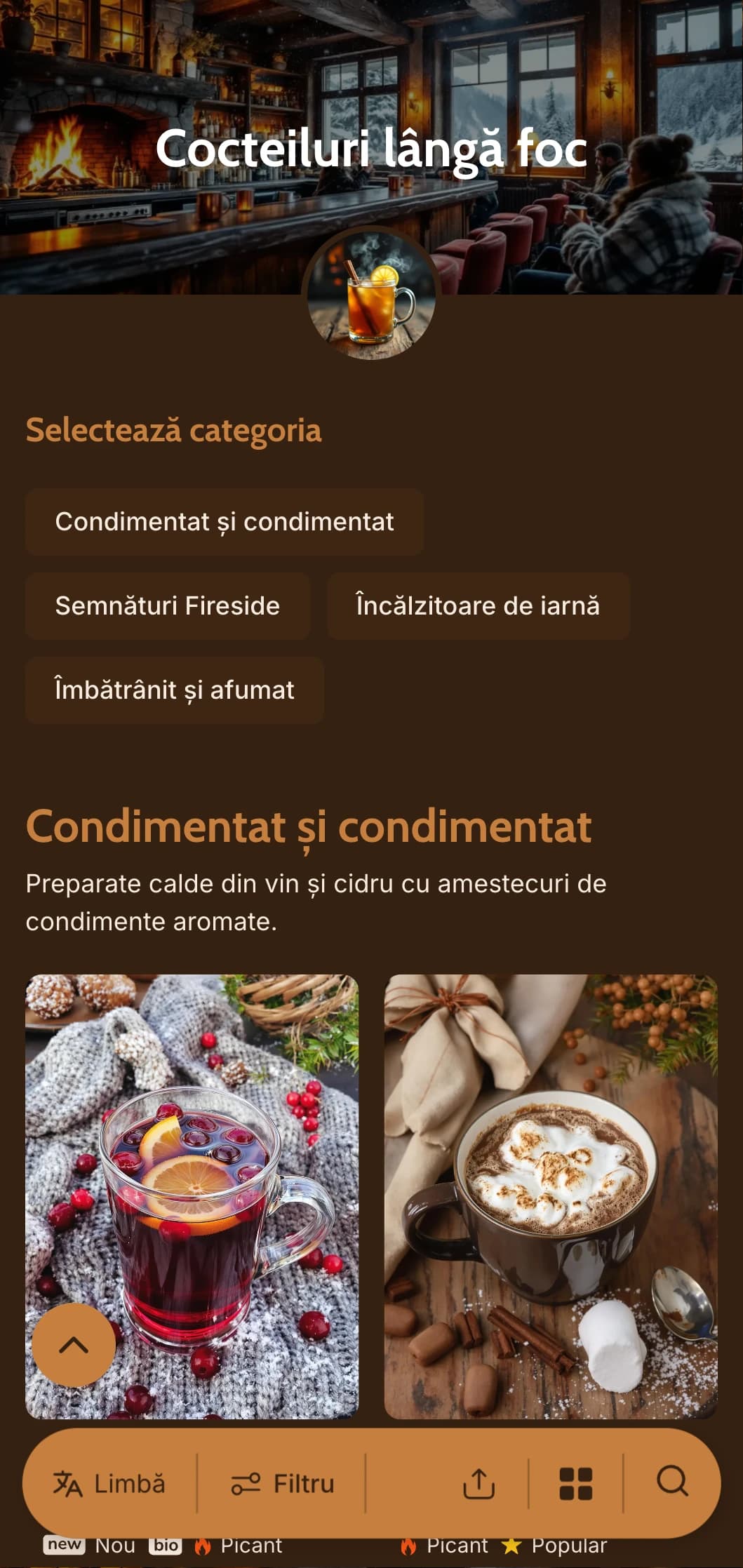 Tonuri calde de chihlimbar și cupru inspirate de lumina focului pentru baruri de iarnă confortabile.