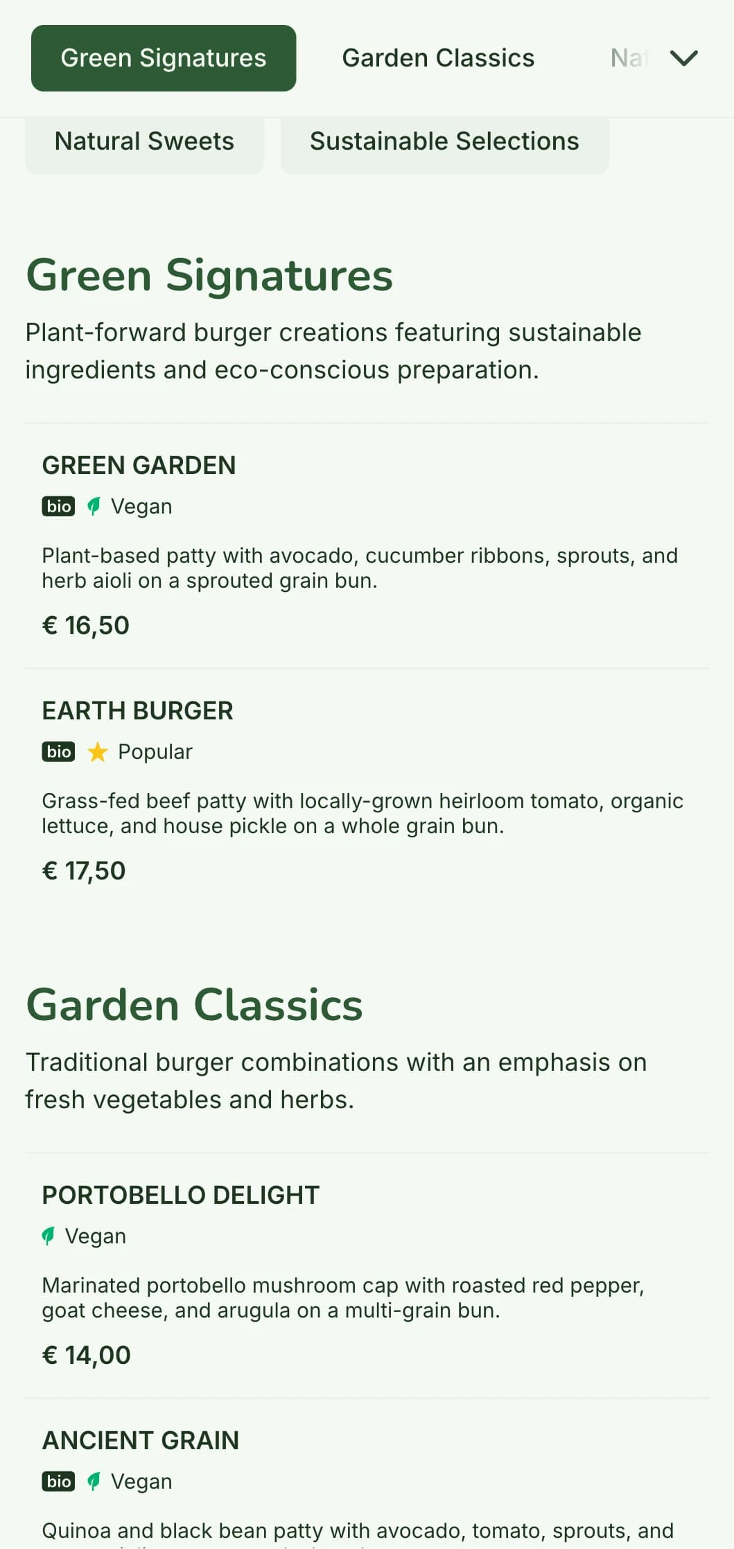 Eco-conscious burger menu with sustainable focus, featuring natural materials and plant-based options.