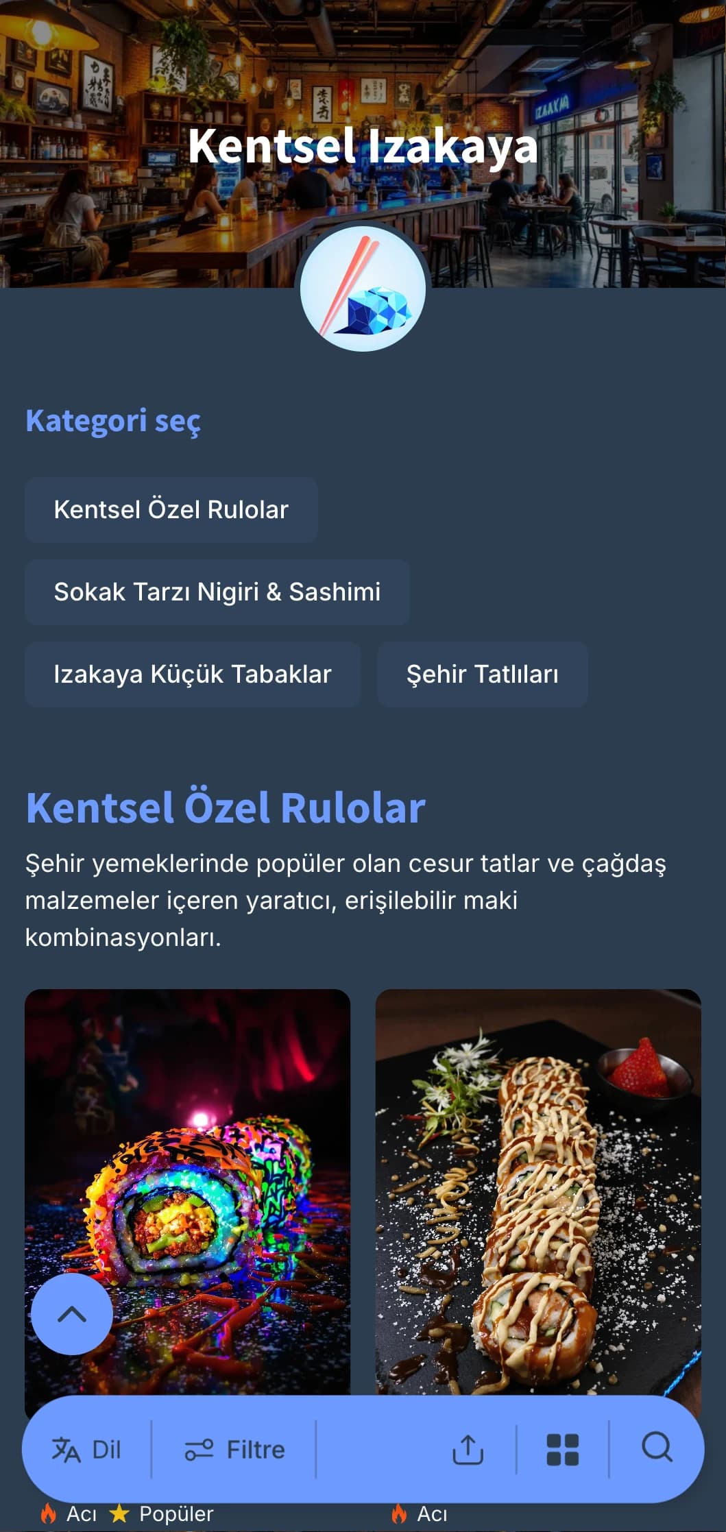 Rahat bir yemek için derin lacivertlere karşı serin maviler içeren, kentsel yeteneklere sahip çağdaş Japon pub tarzı menü.