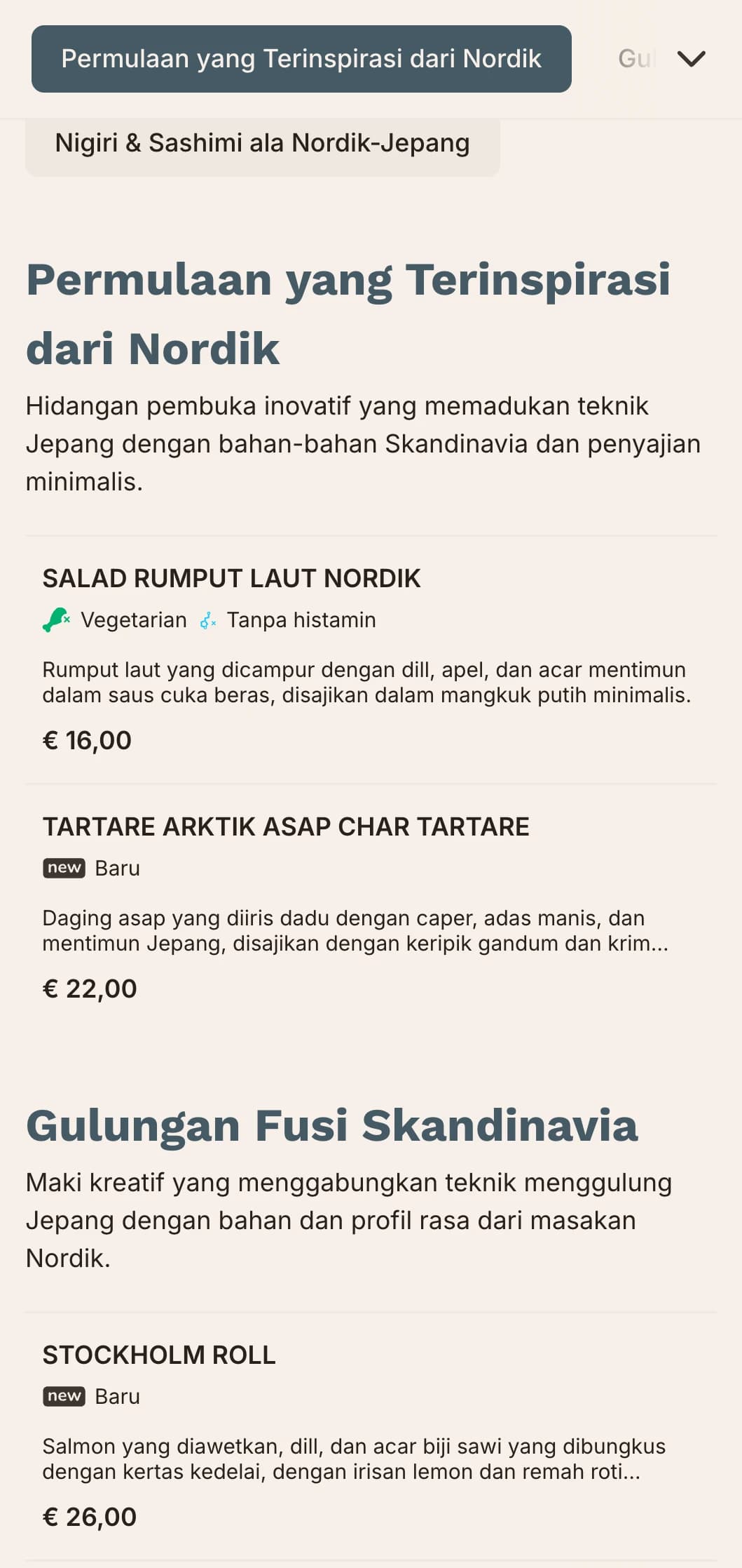 Menu sushi fusion kontemporer yang memadukan tradisi Jepang dengan minimalis Skandinavia, dengan garis-garis yang bersih dan warna biru yang lembut.