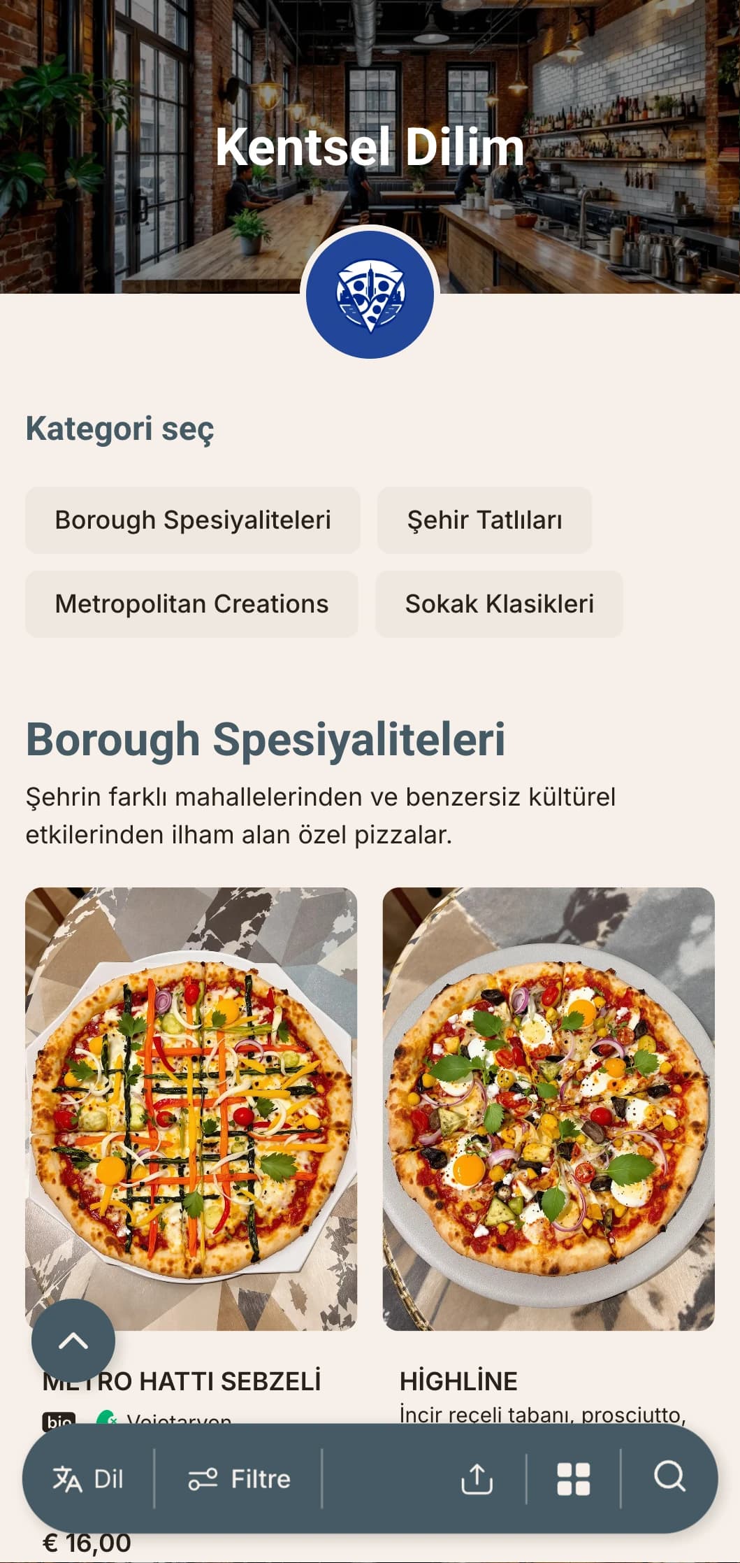 Şehir merkezindeki pizzacılar için mükemmel, endüstriyel tasarım unsurlarına sahip kentsel çağdaş pizza menüsü.
