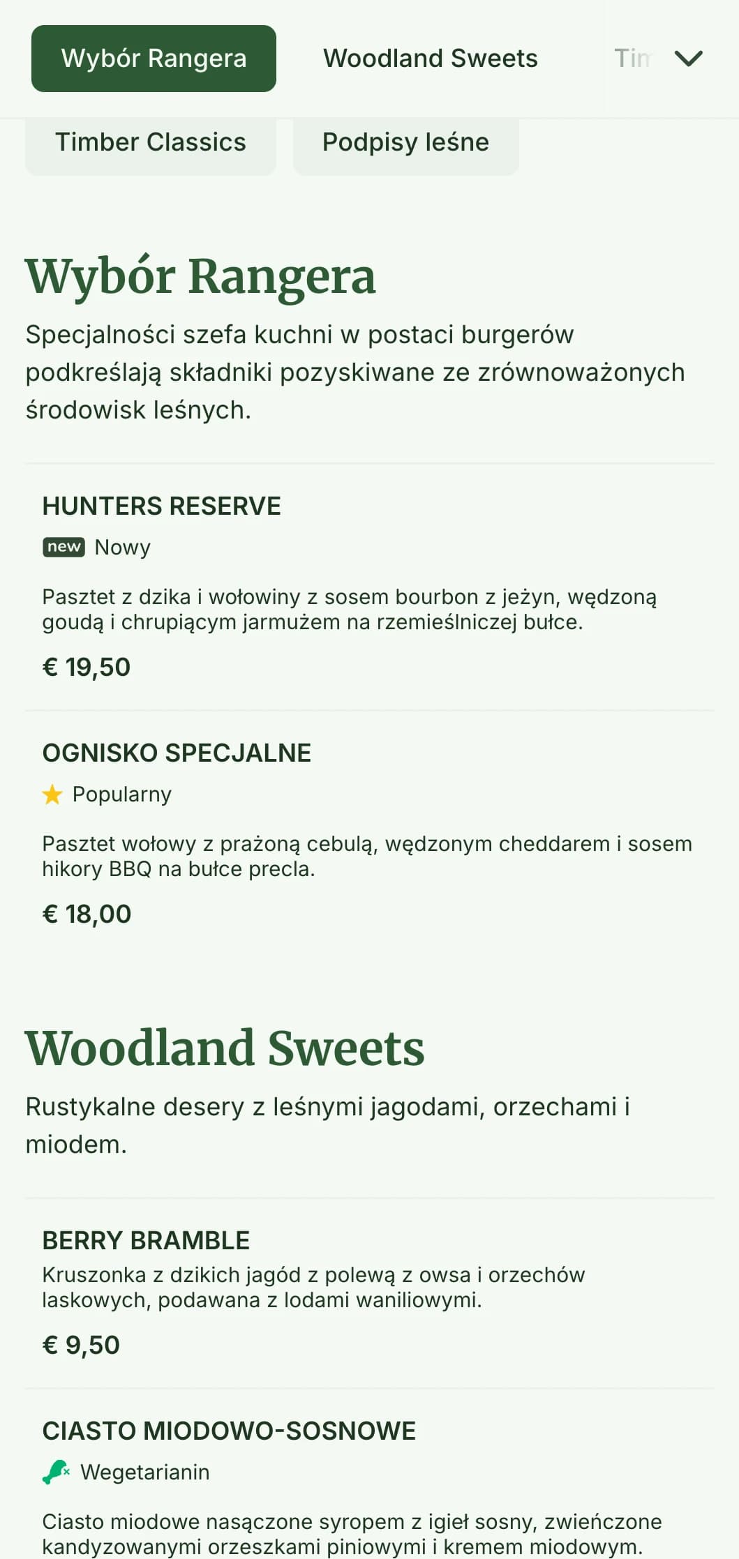 Inspirowany lasem burger z drewnianymi teksturami i ziemistą paletą kolorów.