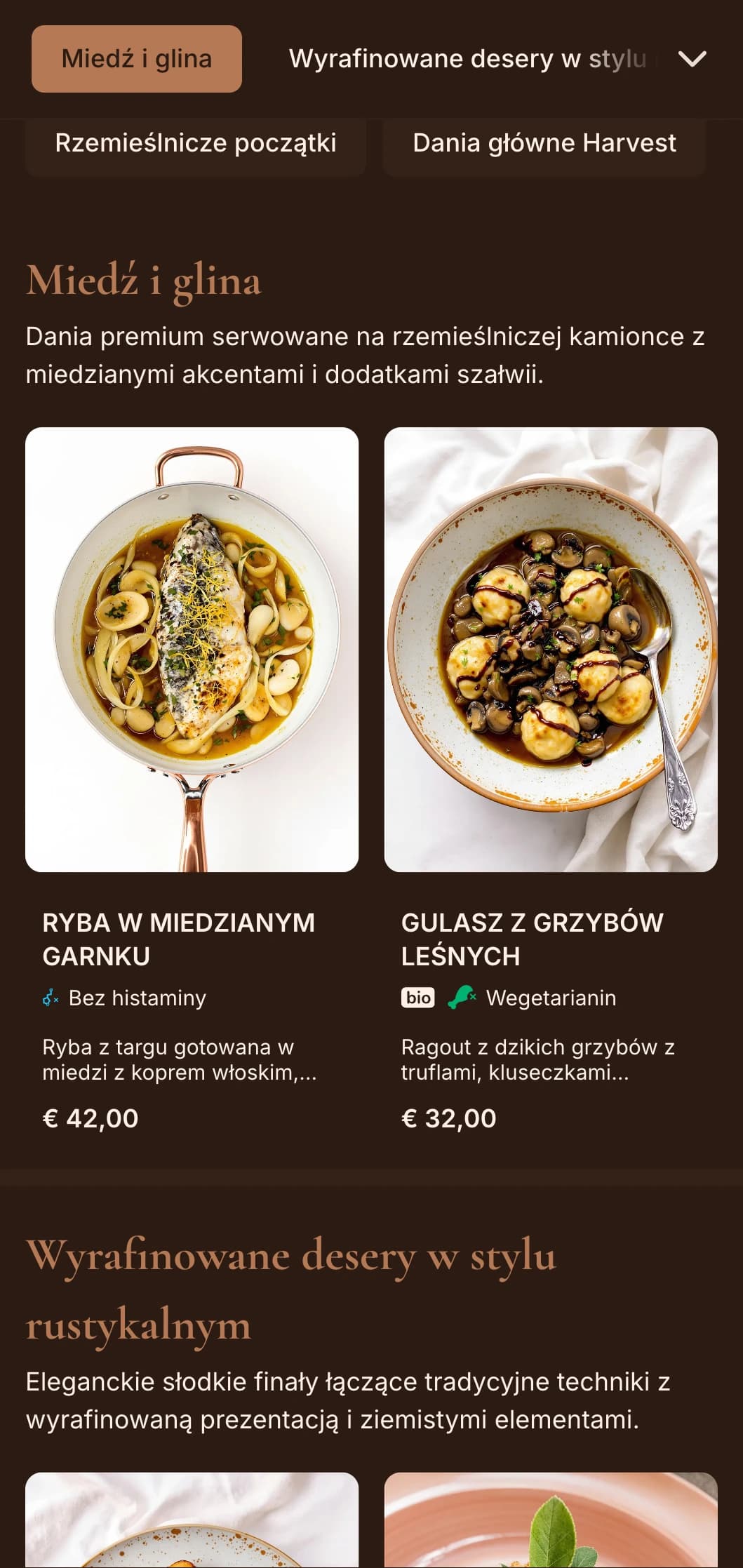 Wyrafinowana rustykalna elegancja z ciepłymi miedzianymi odcieniami i szałwiowymi akcentami, idealna do wyrafinowanych posiłków od gospodarstwa do stołu i sezonowych wyśmienitych potraw.
