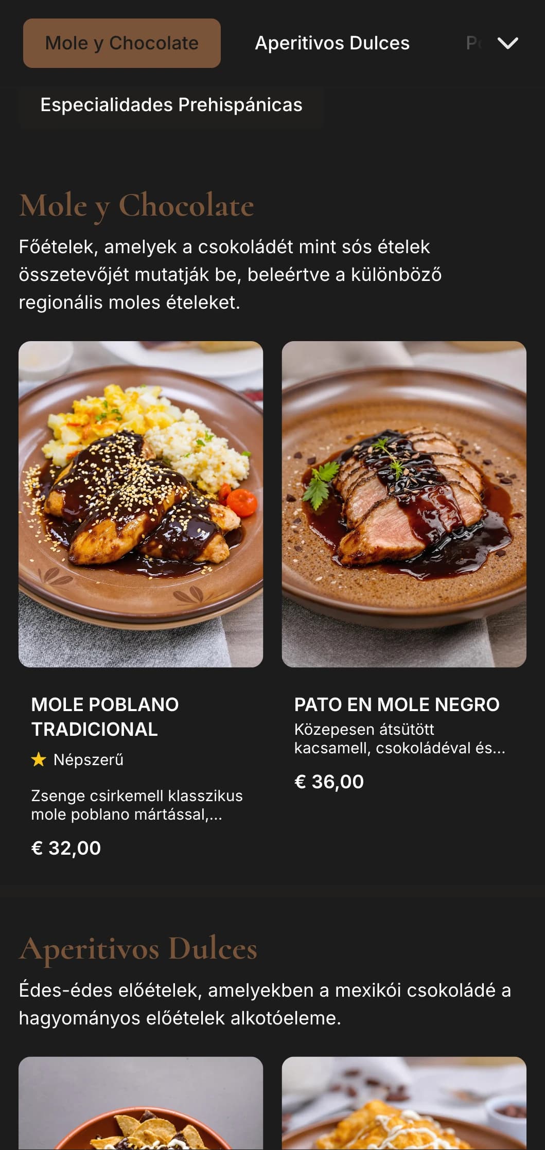 Gazdag és kényeztető mexikói desszertmenü, meleg barna csokoládé árnyalatokkal, hagyományos édességekkel és autentikus csokoládékészítményekkel.