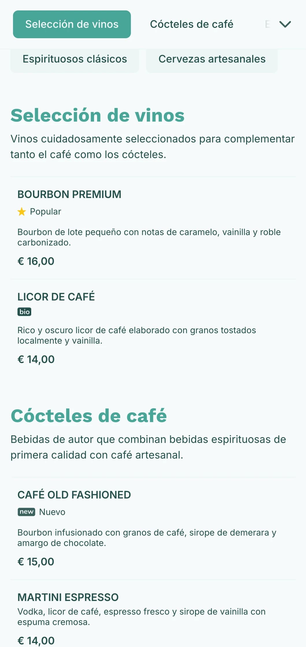 Fresco diseño verde azulado para establecimientos híbridos de café y cócteles.