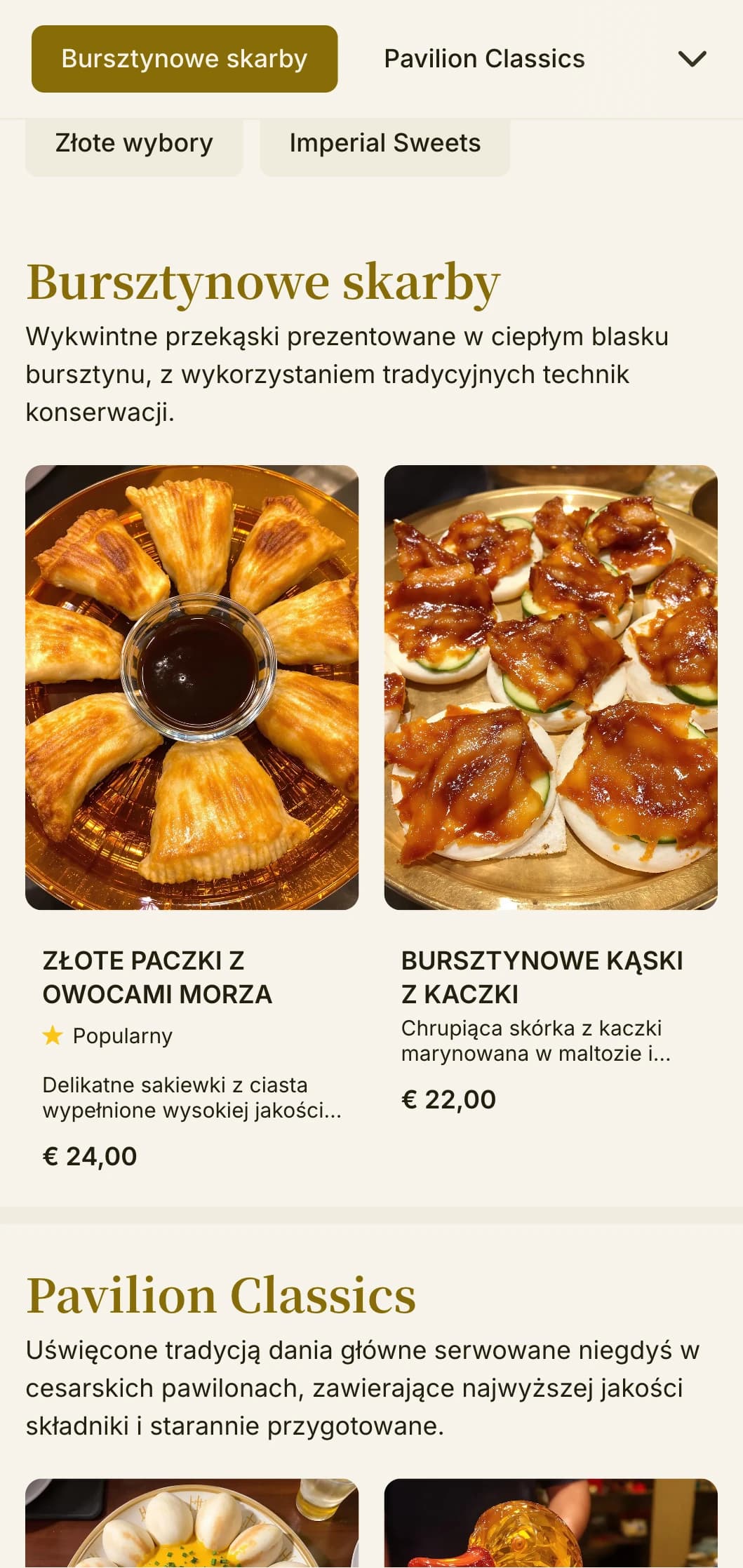 Eleganckie chińskie menu z bursztynowymi akcentami i elementami inspirowanymi pawilonem dla ekskluzywnych restauracji i kuchni cesarskiej.