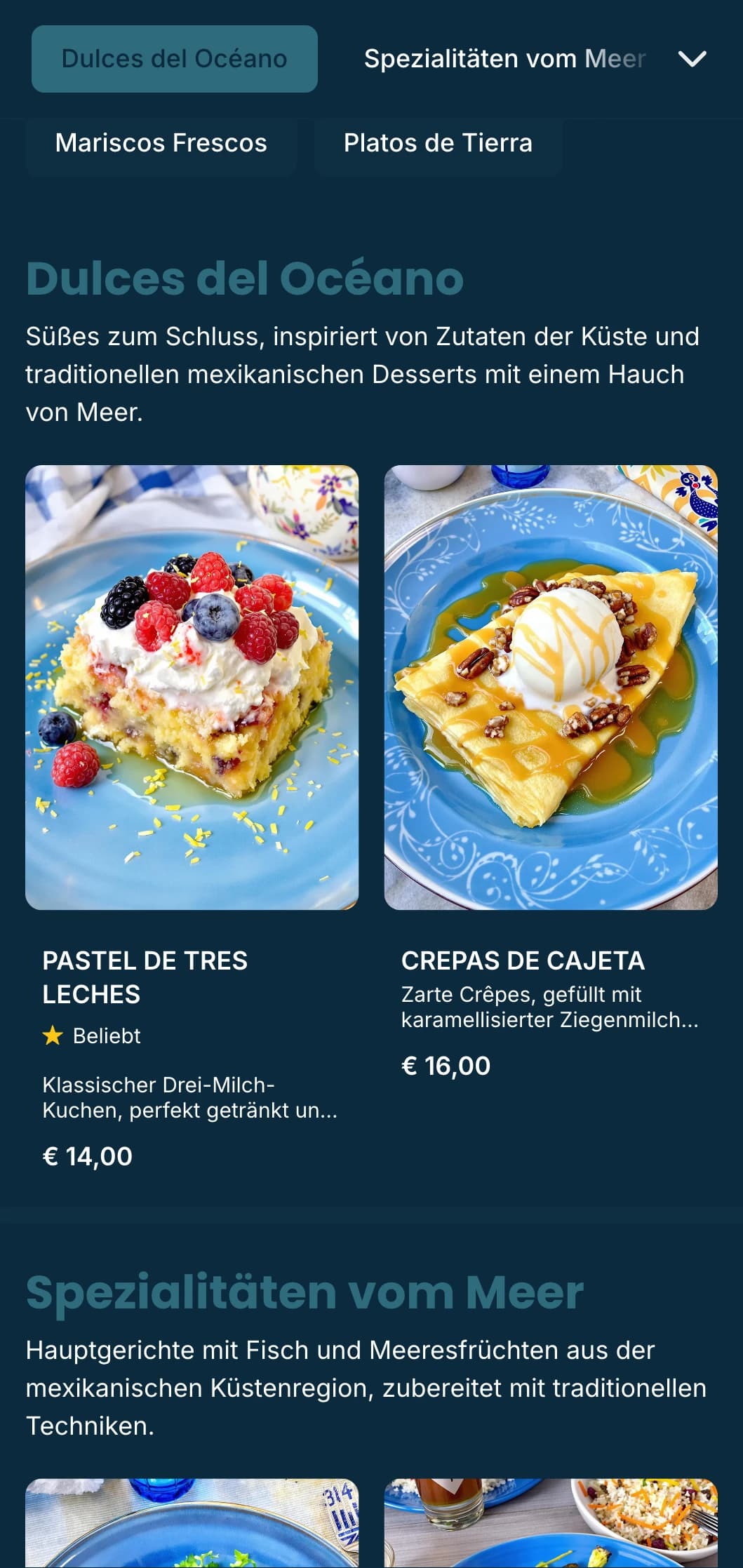 Frisches und luftiges mexikanisches Küstendesign mit Meeresfrüchtespezialitäten, azurblauen Akzenten, dezenten Wellenmustern und Strandambiente.
