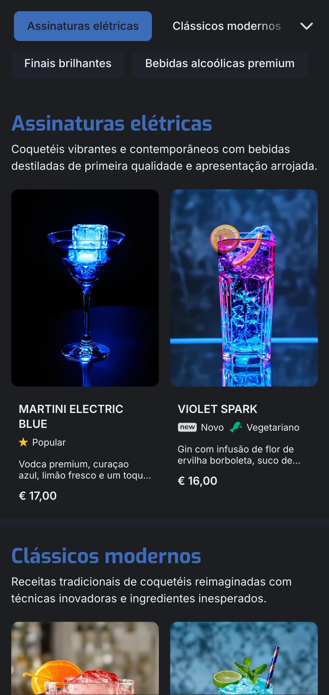 Um design vibrante e contemporâneo para bares de coquetéis e lounges modernos, com detalhes em azul elétrico e tipografia simples.