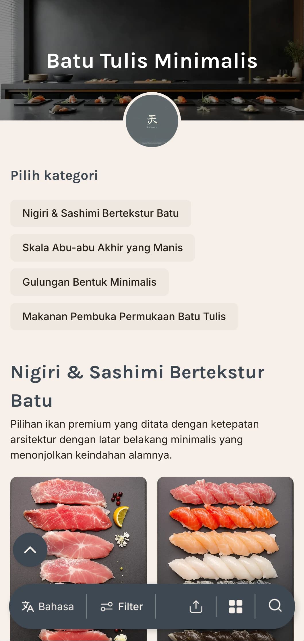 Menu sushi kontemporer yang bersih dengan warna abu-abu batu tulis dan desain minimalis untuk tempat santai kelas atas.