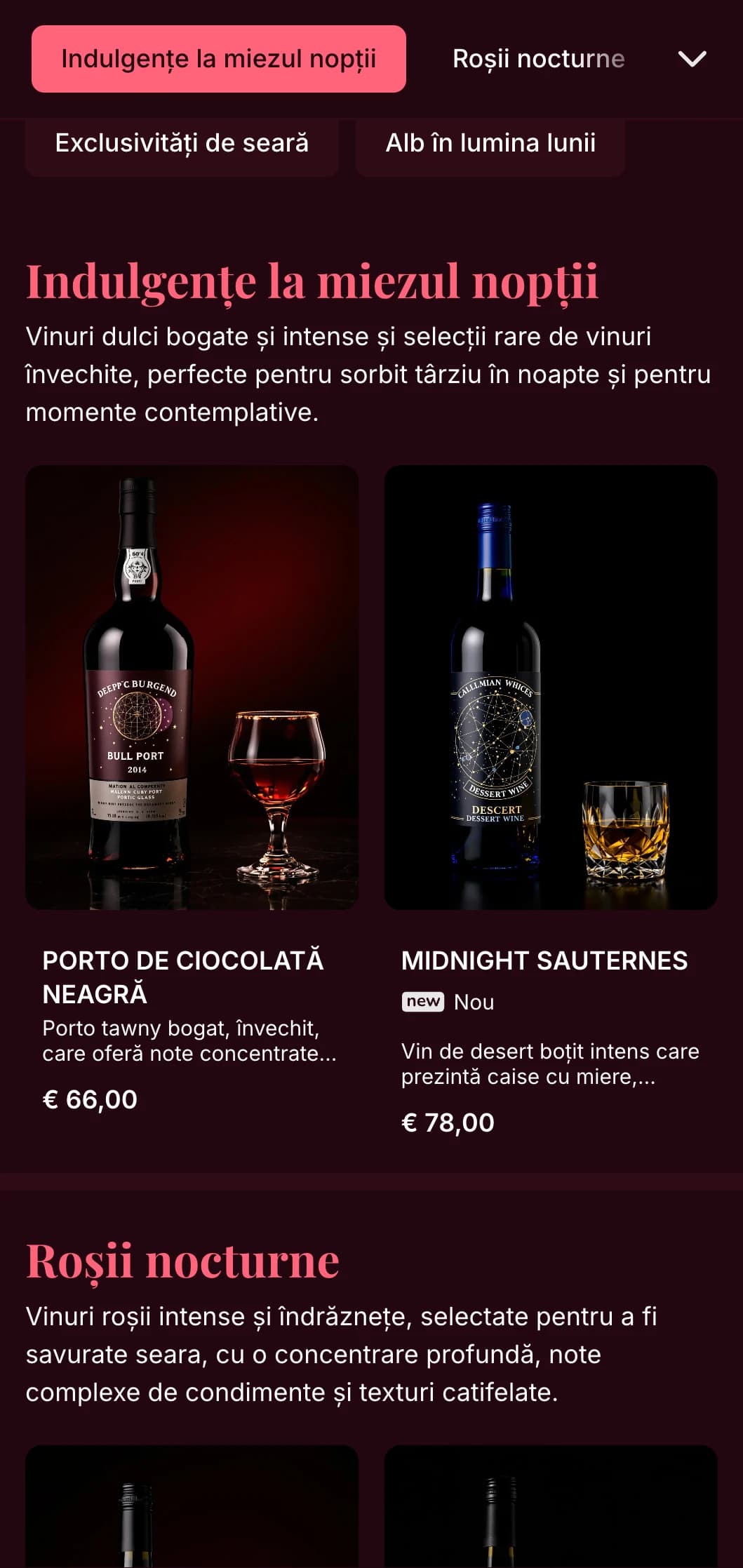 Șablon de listă de vinuri intens dramatic, cu accente roz izbitoare pe fundaluri burgundy, ideal pentru saloane de vinuri exclusiviste și localuri de seară.