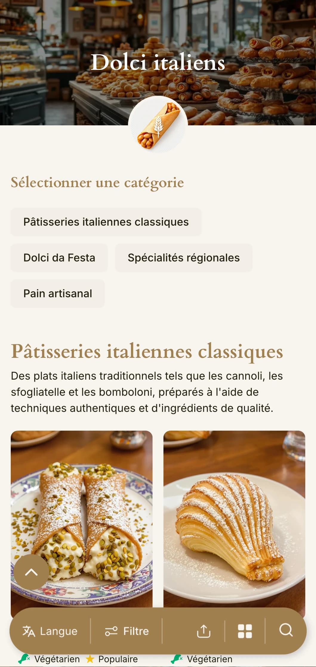 Un menu de boulangerie chaleureux, d'inspiration méditerranéenne, avec des tons terreux et une typographie traditionnelle, idéal pour les pâtisseries italiennes et les cafés à desserts.