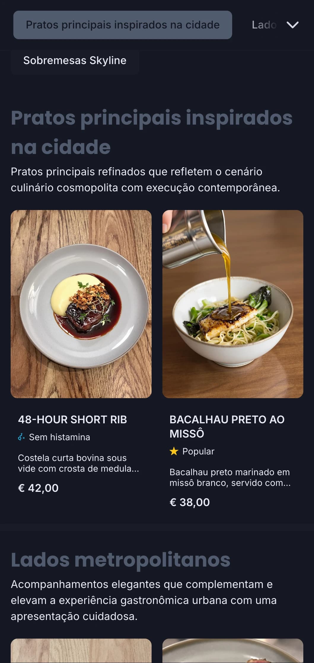 Design arrojado e cosmopolita que captura a essência de um jantar urbano de alto nível com uma estética contemporânea refinada.