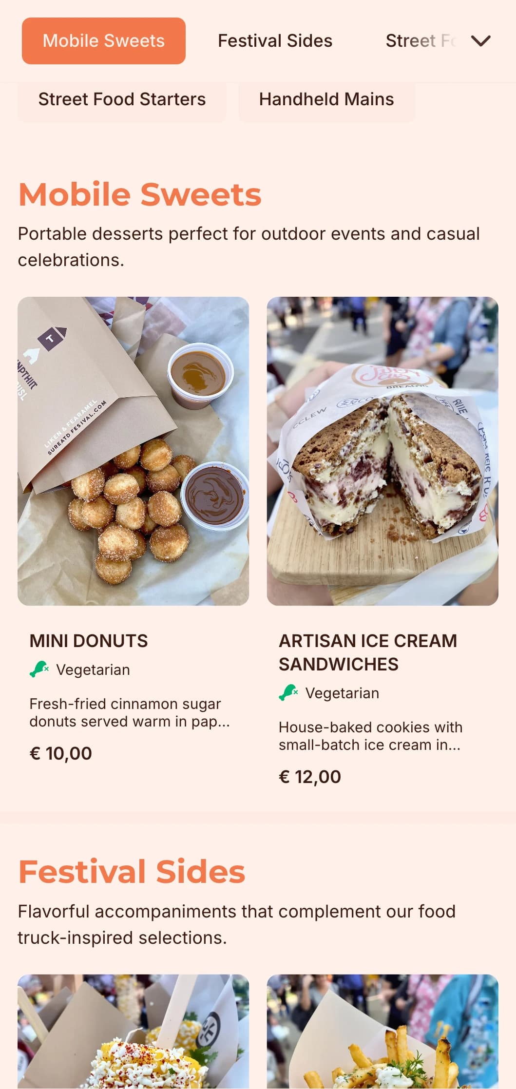 Fun, approachable catering inspired by food truck cuisine, featuring handheld favorites and casual presentation for outdoor events and festivals.