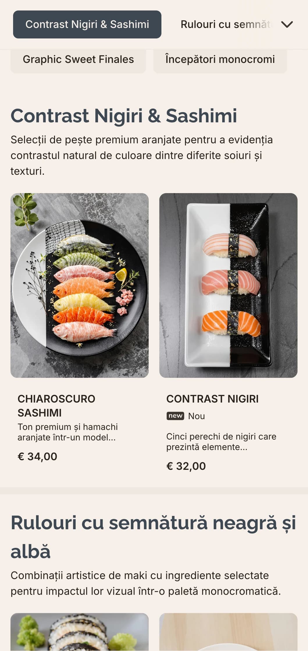 Sofisticat meniu sushi alb-negru cu accente subtile gri, perfect pentru restaurantele contemporane minimaliste.