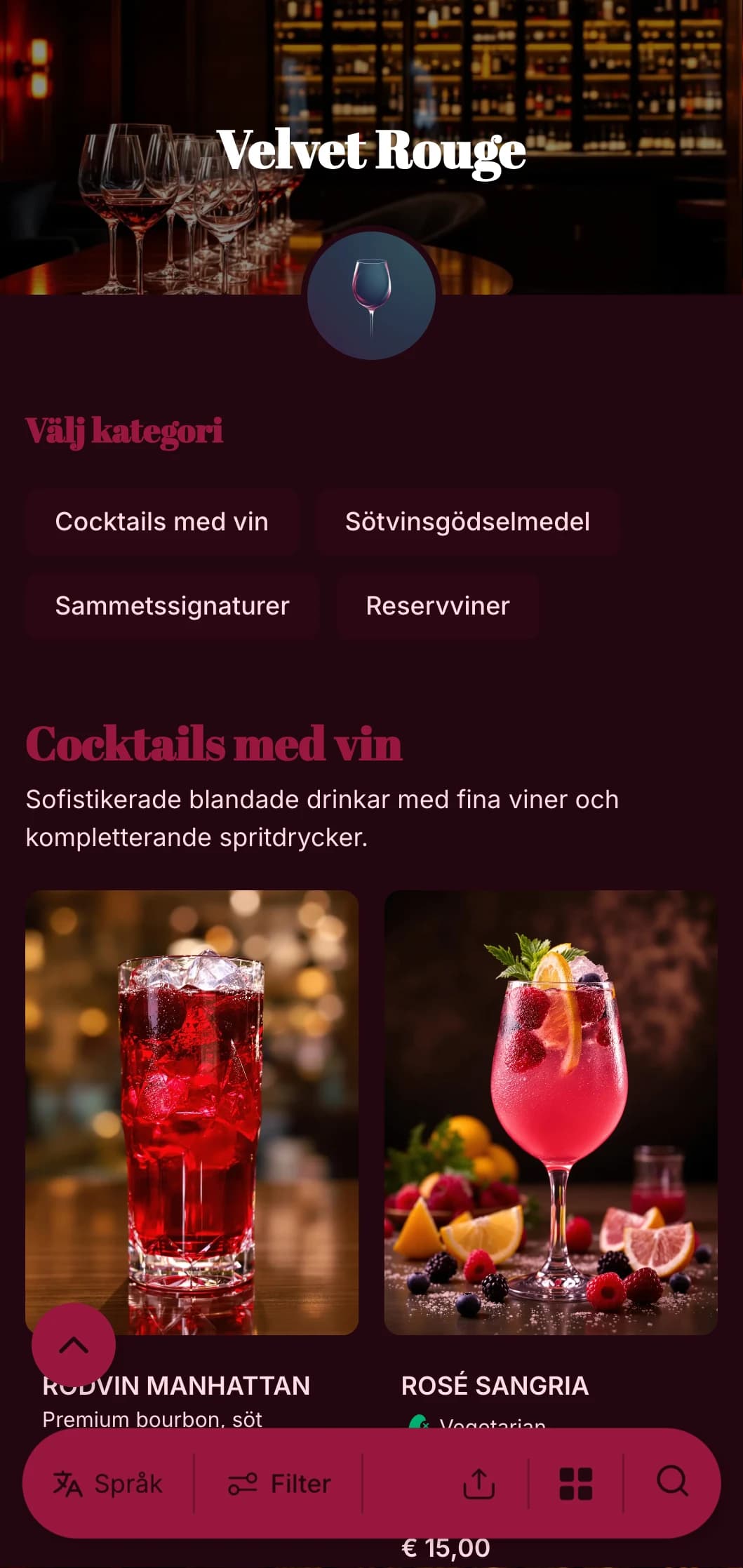 En lyxig, dramatisk design för exklusiva vinbarer och lounger med rika röda toner och djärv typografi.