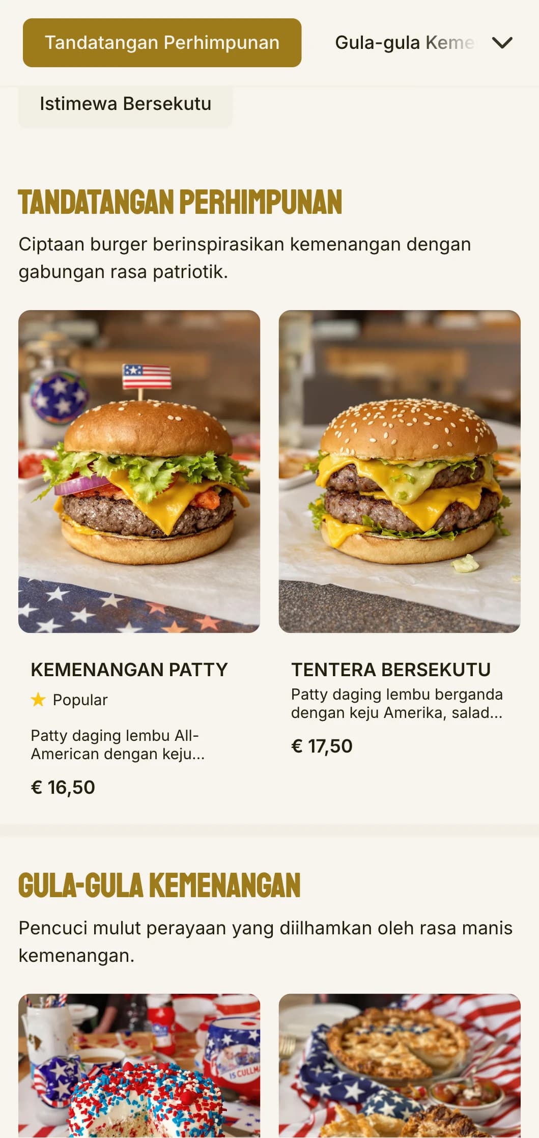 Era Perang Dunia II menginspirasikan kantin burger dengan taman kemenangan dan unsur patriotik.