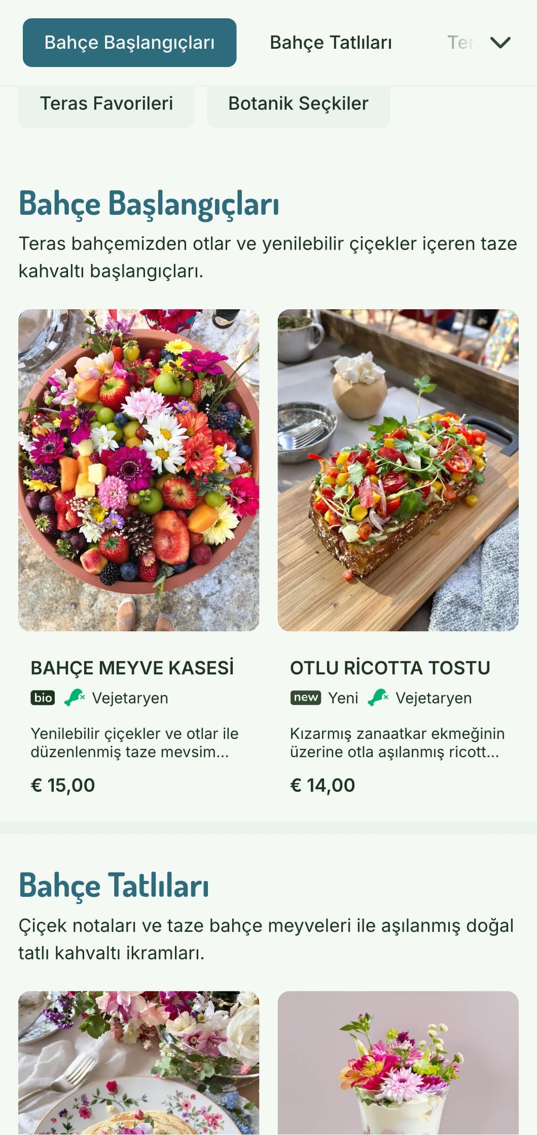 Botanik etkiler ve doğal unsurlar içeren bahçeden ilham alan bir ortamda taze, canlı kahvaltı yemekleri servis edilir.