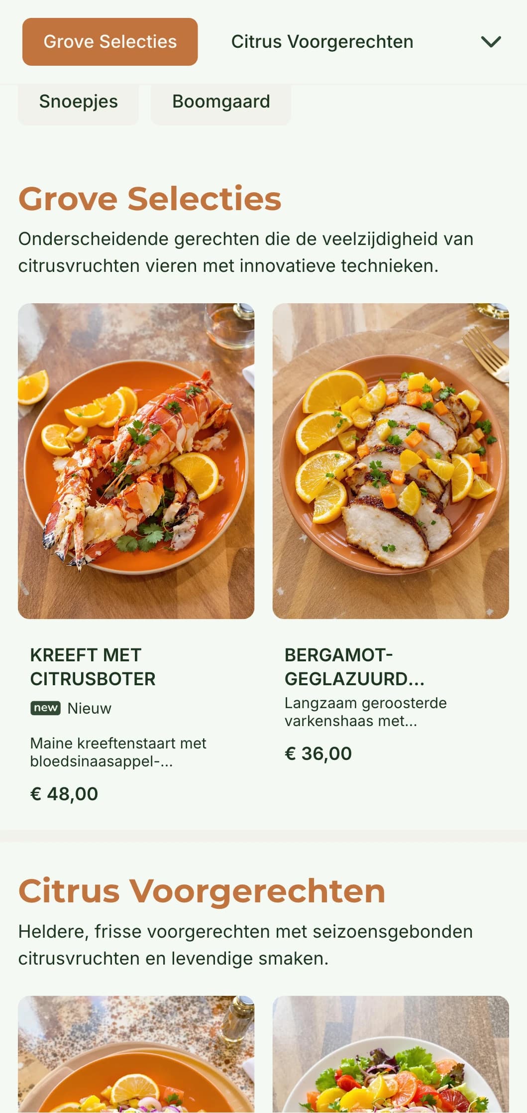 Een helder, fris dinermenu met citrustinten en natuurlijke elementen, perfect voor restaurants met mediterrane invloeden.