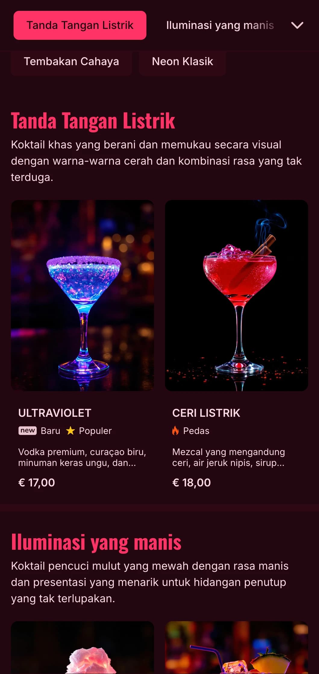 Desain menu yang berani dan semarak yang terinspirasi dari kehidupan malam yang gemerlap, cocok untuk bar koktail dan klub malam kontemporer.