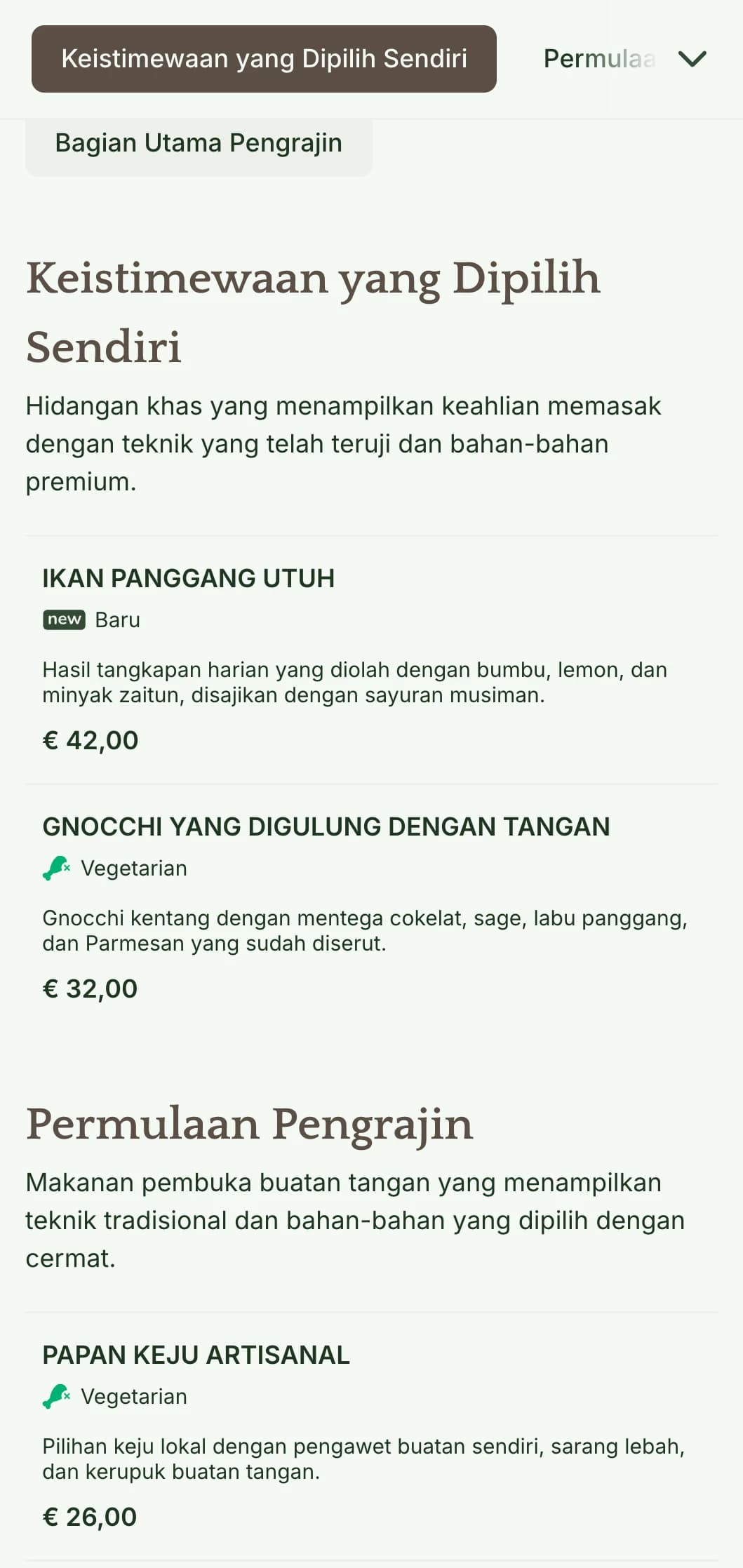 Menu makan malam yang hangat dan artisanal yang menampilkan elemen desain yang terinspirasi dari kerajinan tangan dan warna-warna yang bersahaja, cocok untuk restoran yang berfokus pada hidangan buatan tangan.