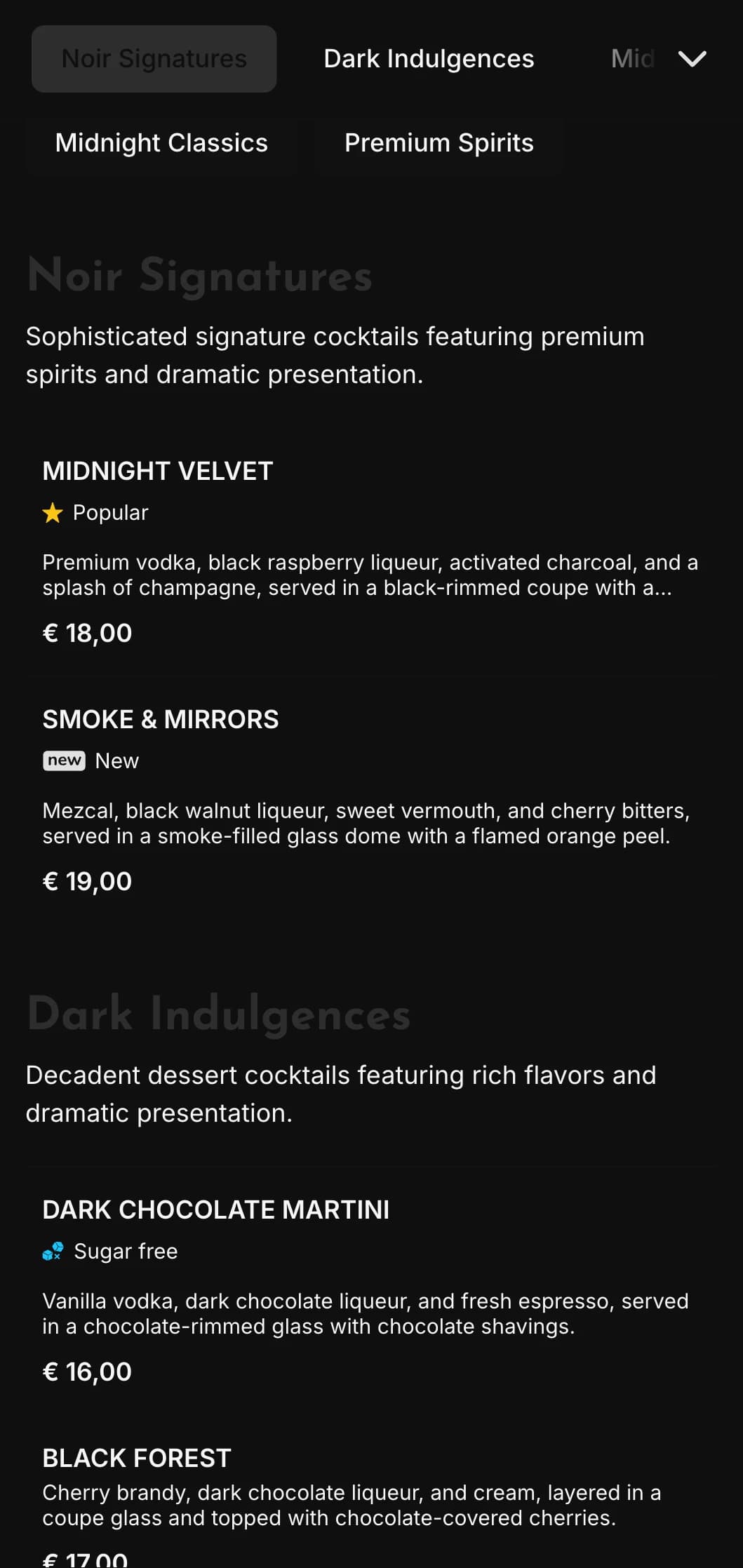 A sleek, dark design for contemporary cocktail lounges and nightclubs featuring high-contrast elements and bold typography.