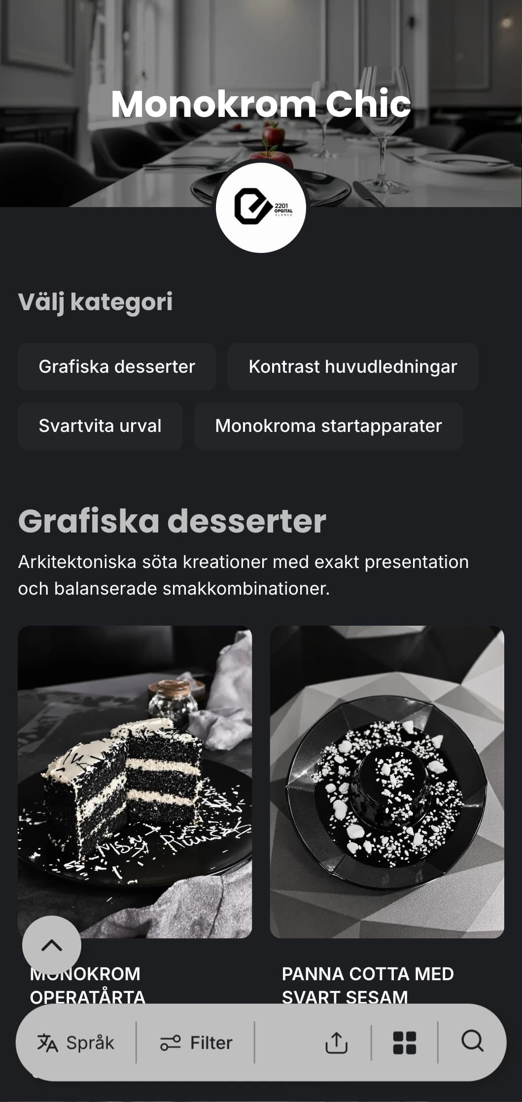 En sofistikerad svartvit middagsmeny med djärv typografi och rena linjer, utformad för modern fine dining.