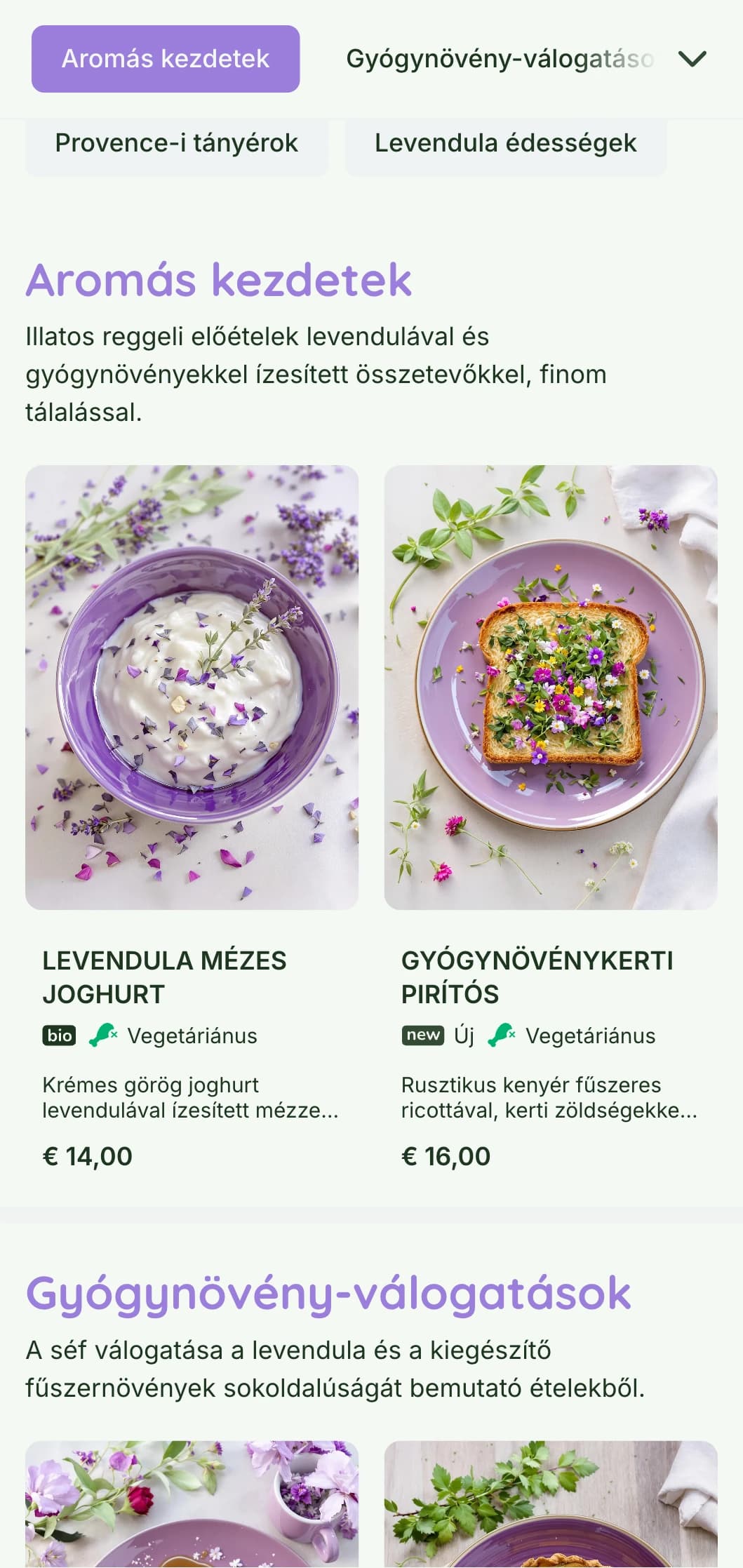 Illatos, lila akcentusú, Provence által inspirált brunch sablon, amely gyógynövényes kávézókba és kerthelyiségekbe illik.